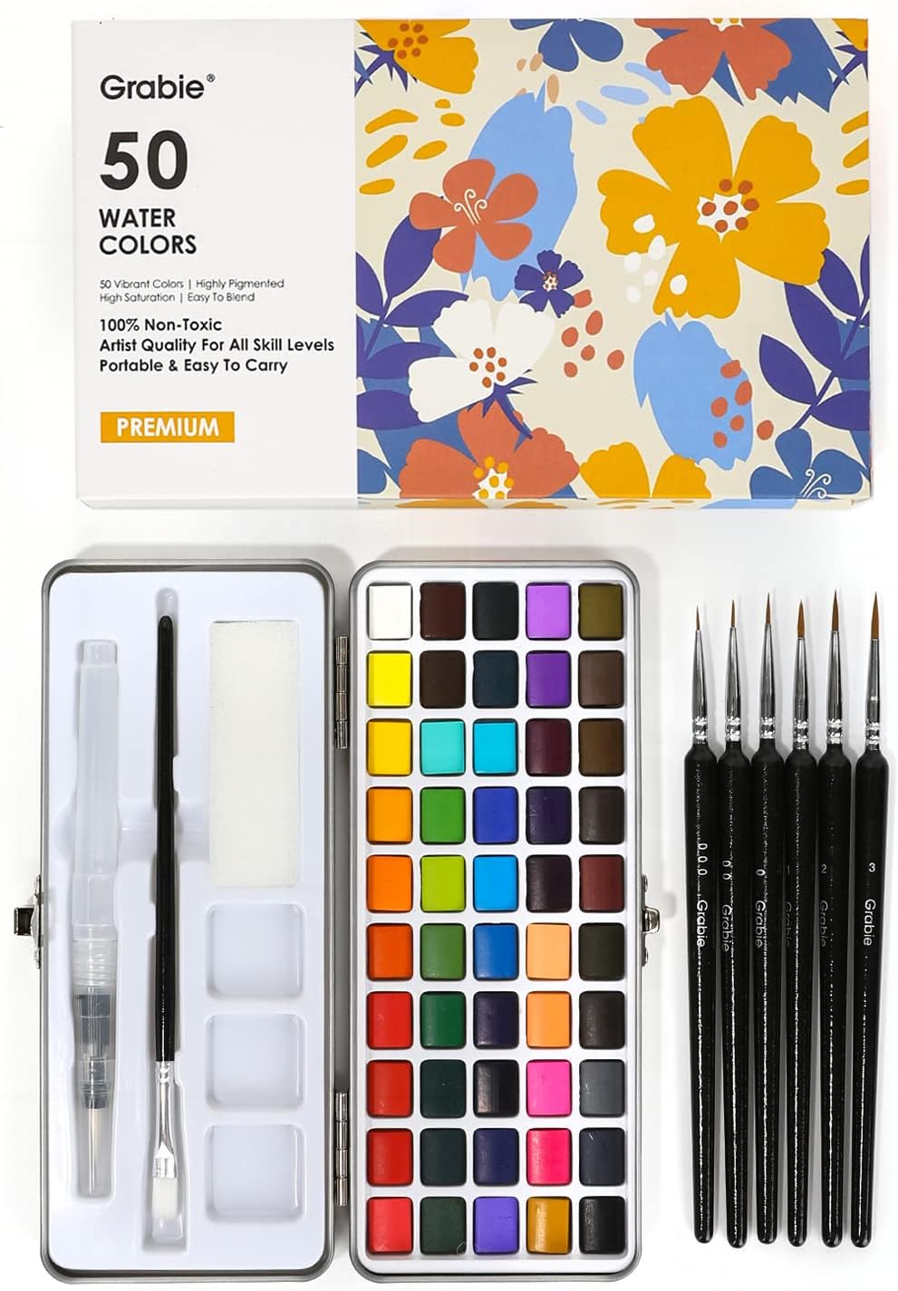 This watercolor paint set contains 50 colors and a detail paint brush. It is a great art supply for amateur hobbyists, artists, and painting enthusiasts.