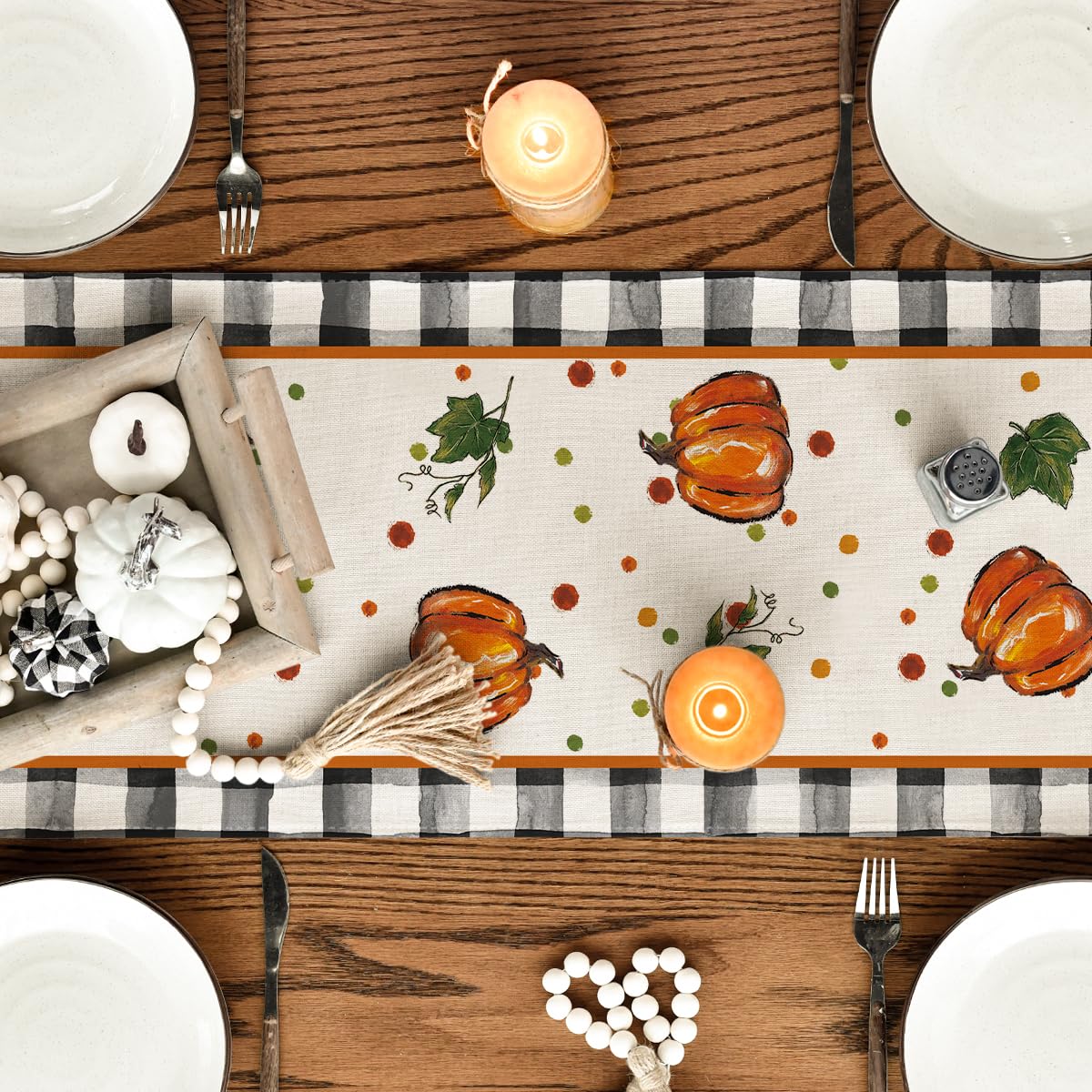 Pumpkin Bow Buffalo Plaid Fall Table Runner,Seasonal Autumn Kitchen Dining Table Decoration for Home Party Decor 13x72 Inch