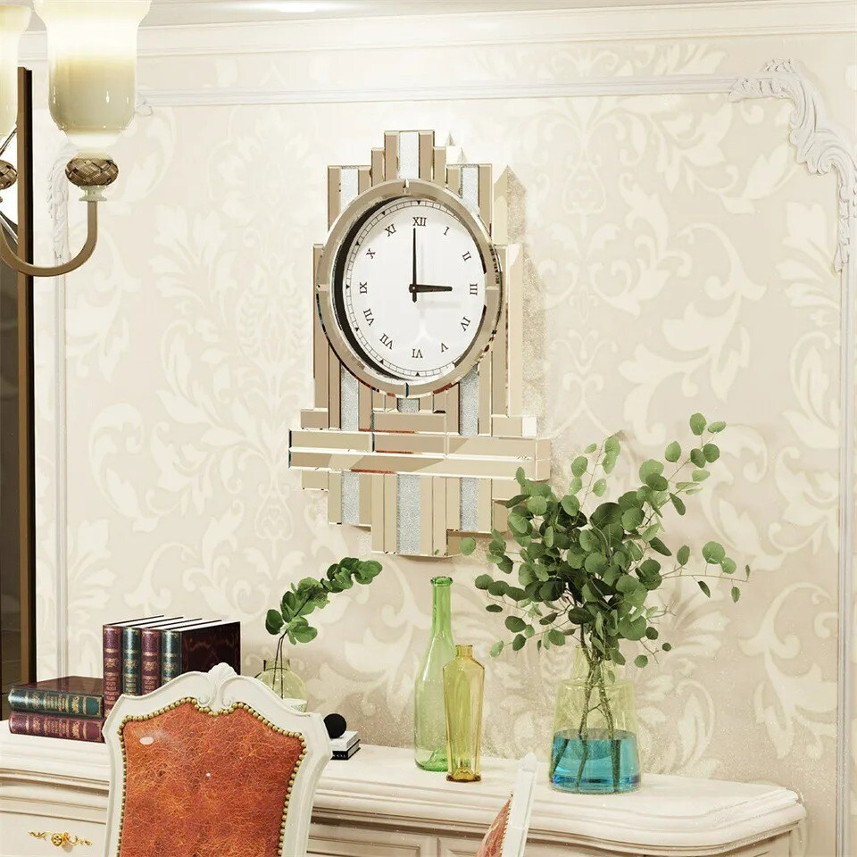 23.6&#x27;&#x27; Mirrored Wall Clock Modern Crystal Crush Diamond Silver Glass Home Decor