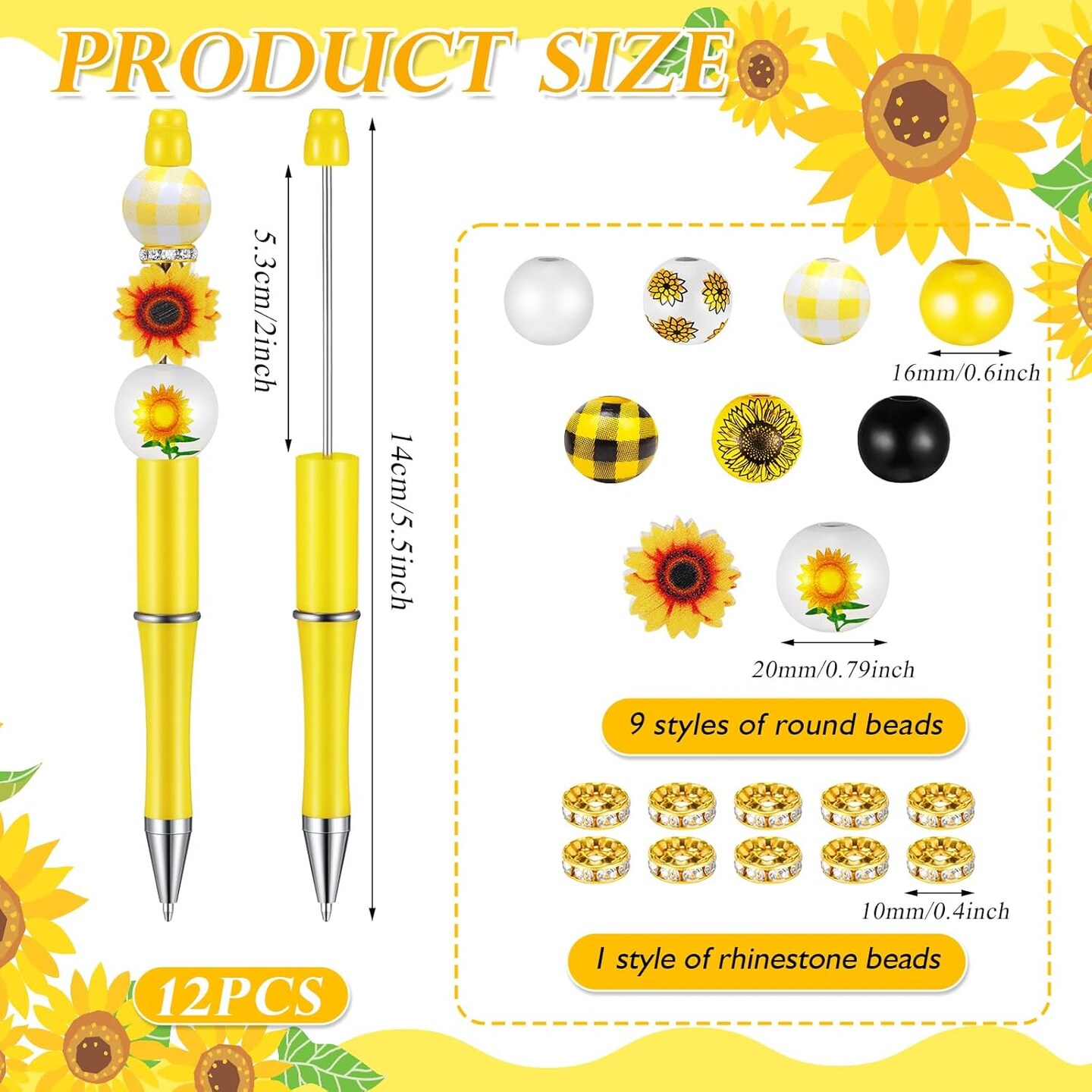 12 Set Beadable Pens DIY Kit - Assorted Beads, Black Ink, Sunflower Design