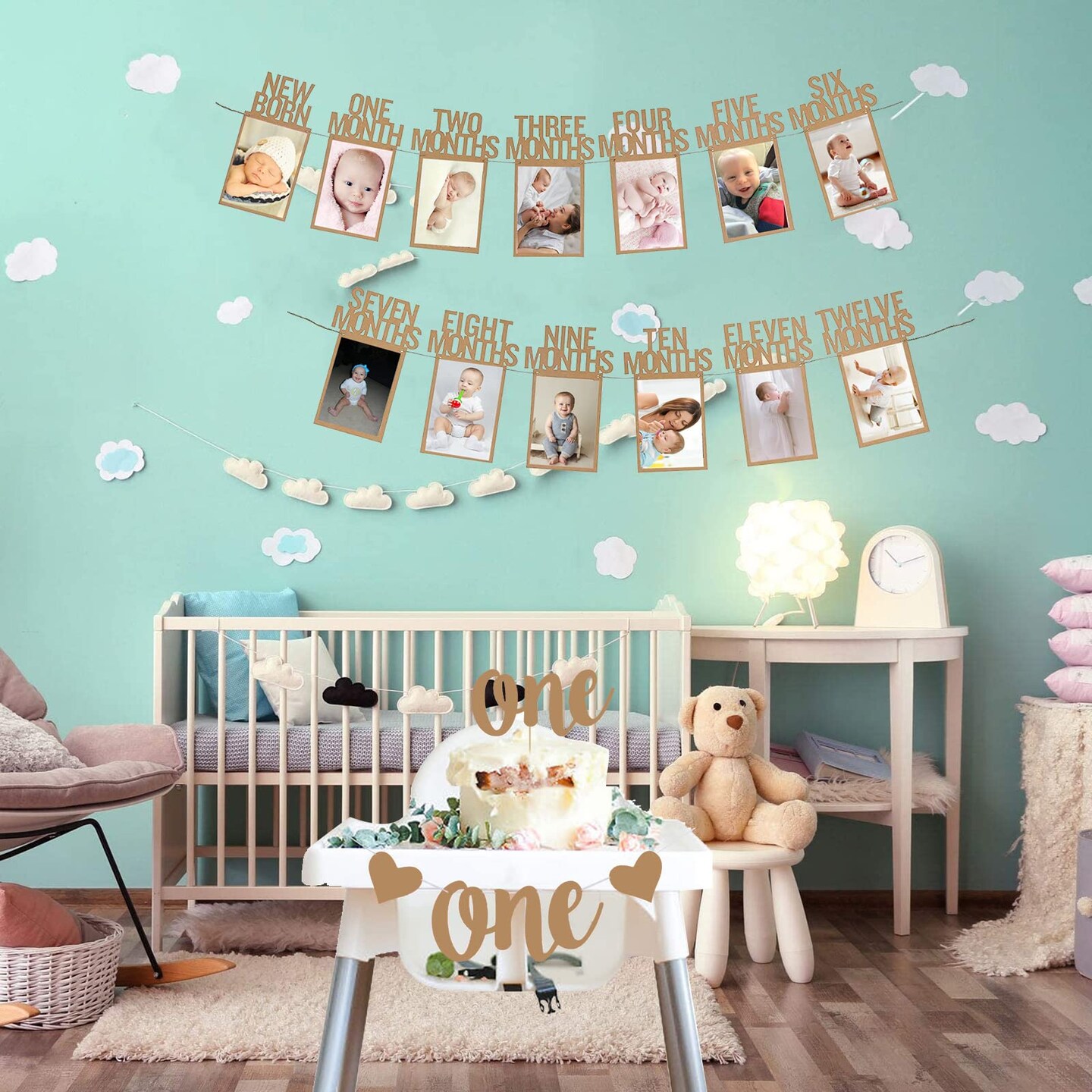 1st Birthday Baby Photo Banner for Newborn to 12 Months And Alphabet ONE Bunting, Alphabet ONE Cake Topper for Baby Show First Birthday Party Decoration