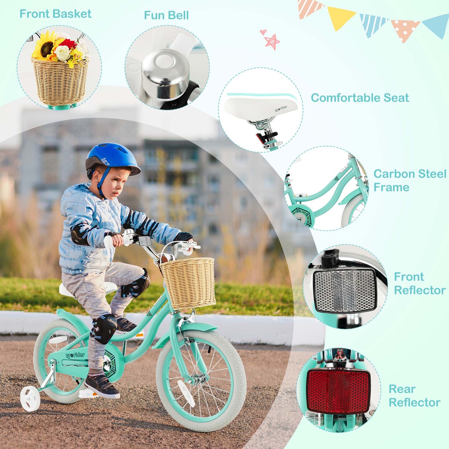 Costway 16" Kid’s Bike with Training Wheels Adjustable Handlebar Seat Handbrake Blue/Green/Pink