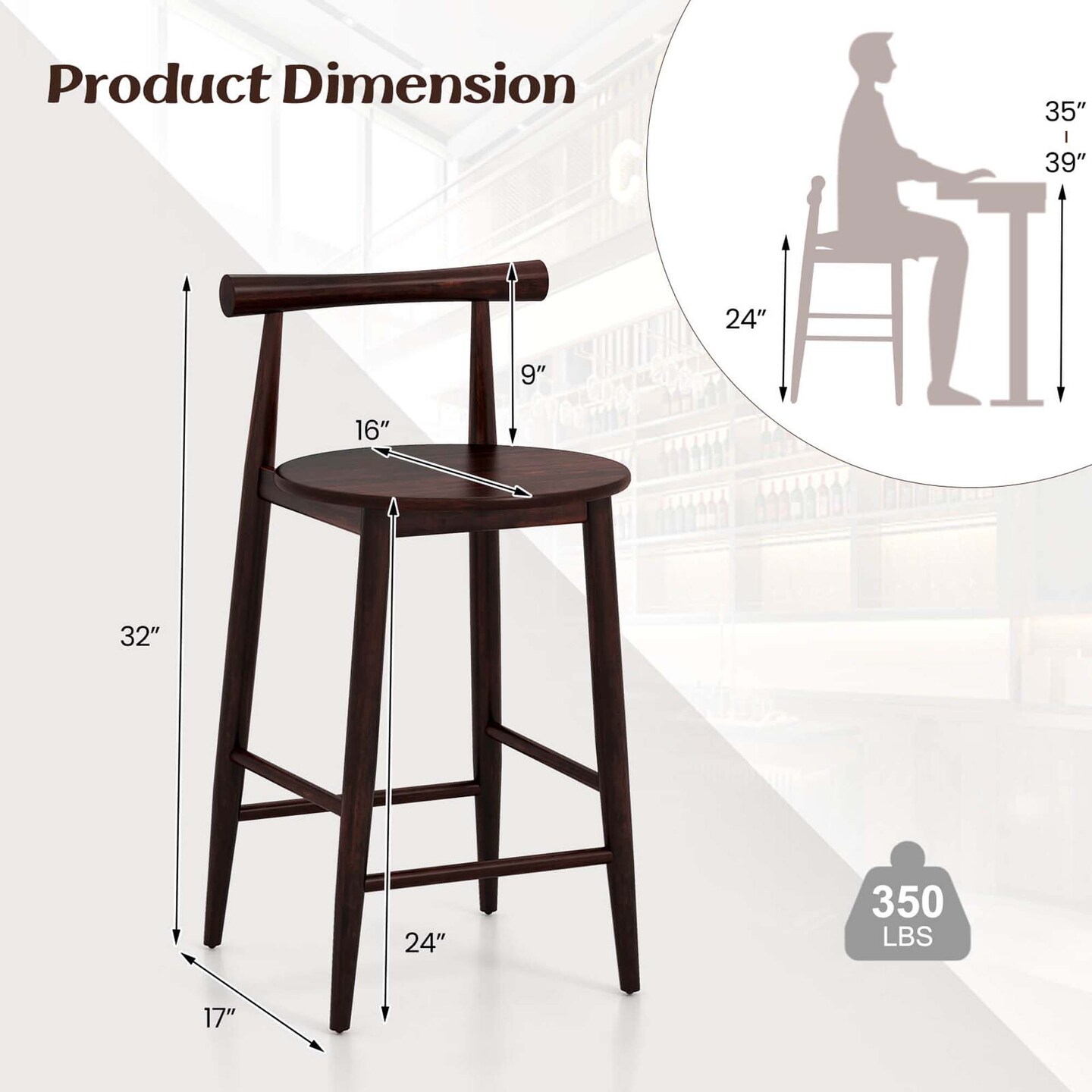Costway Bar Chair Counter Height Stools Set of 2/4 with Acacia Wood Frame Supporting Legs Brown