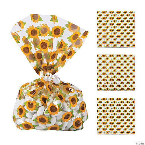 48 Pc. 5-1/2" x 11-1/2" Small Sunflower Cellophane Treat Bags with Ties for 24 Guests