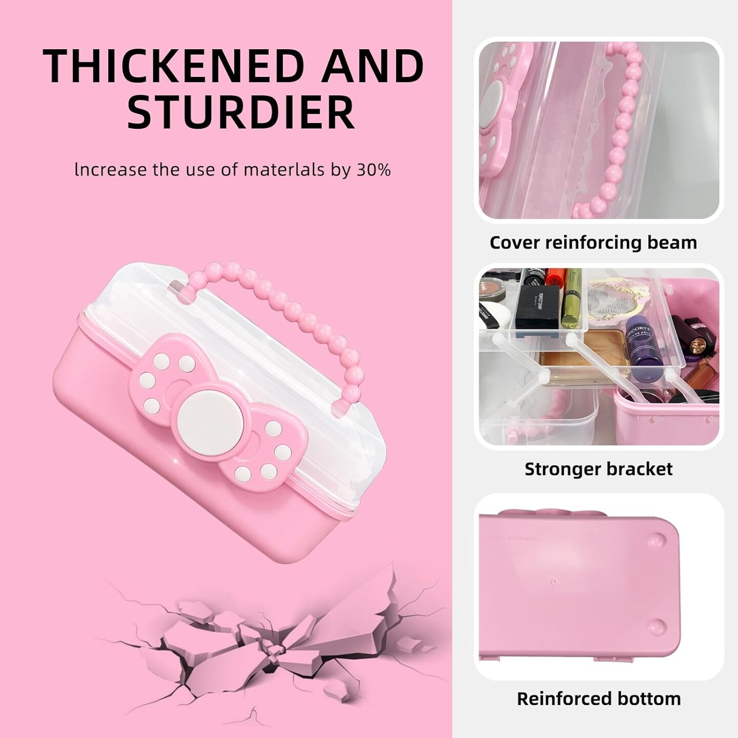 10.6-inch (3-layer) Multifunctional Art Craft Organizer Storage Box for Kids Clear Plastic Portable Tool Box/Storage Box with Handle for Nail, Hair, Cosmetics, Sewing, and Medicine (Pink)