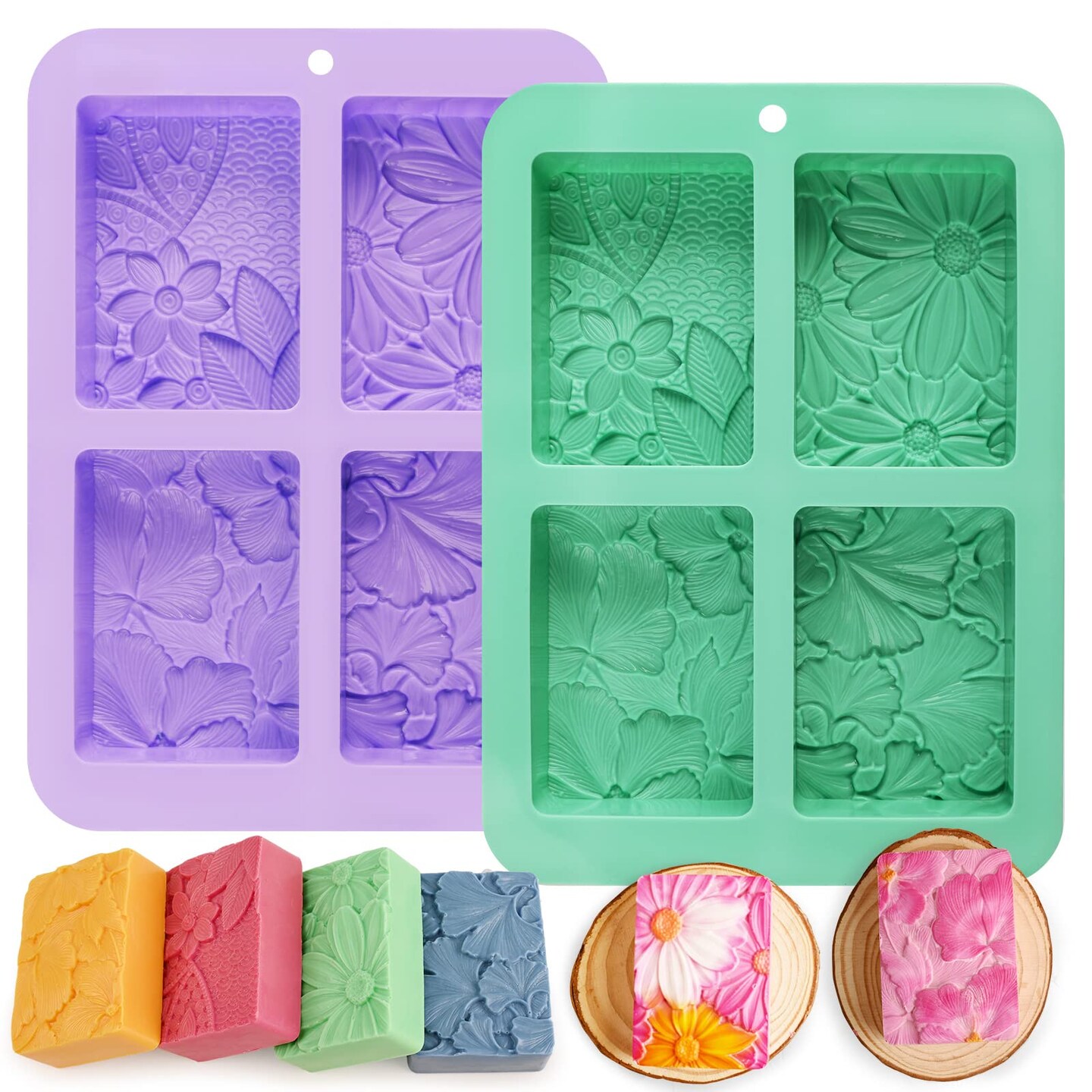 2 Pcs Flower Soap Molds Silicone-4 Cavities Rectangle Soap Mold 3oz,Flower Shapes Silicone Molds for Soap Bath Bombs Shower Steamer Lotion Bars