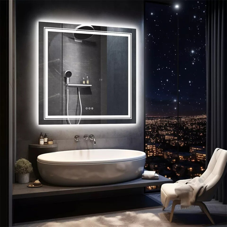 32x32" Square Led Bathroom Mirror Frameless Defogger Memory Touch Wall Mirror