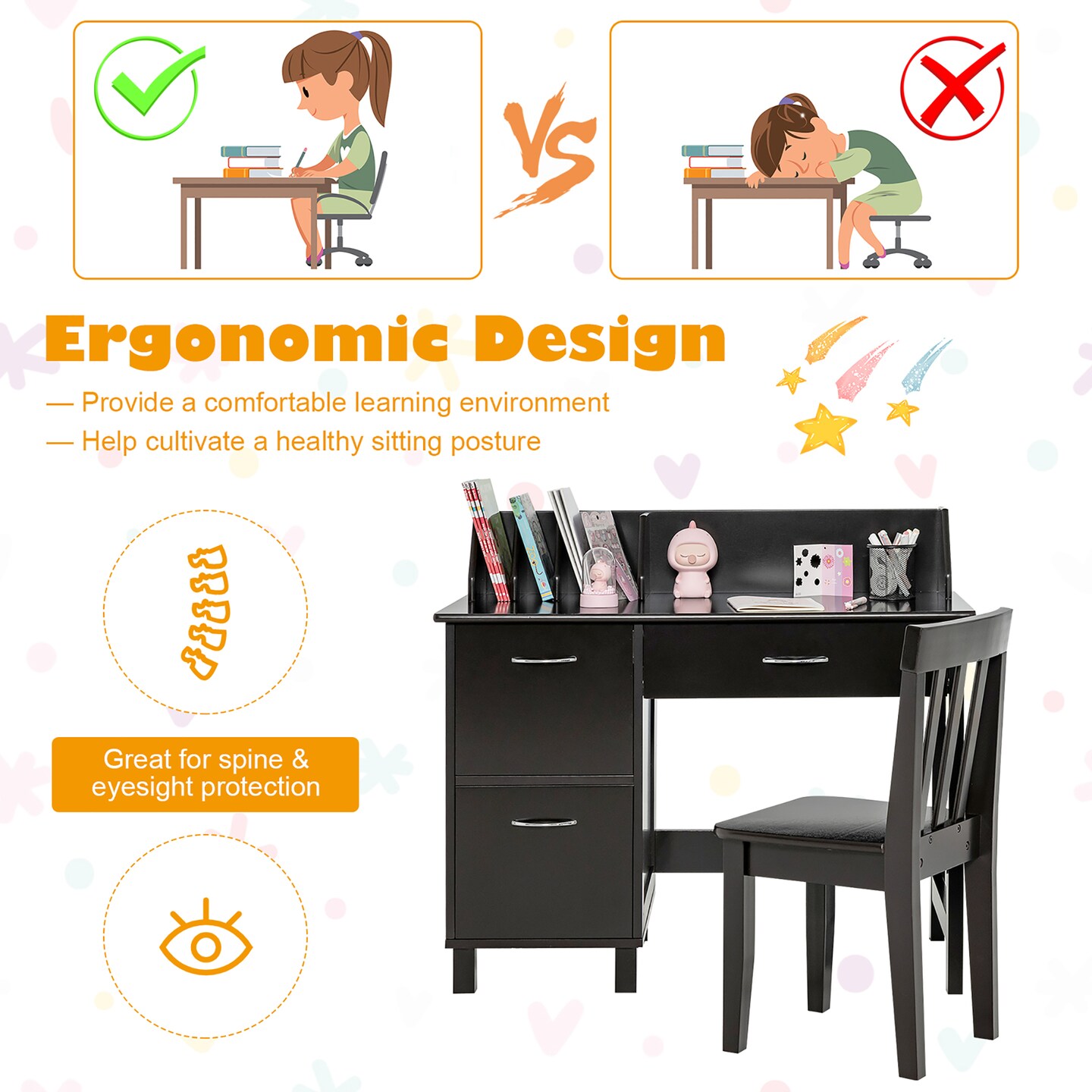Costway Kids Wooden Study Desk & Chair Writing Table w/Drawer Storage Cabinet