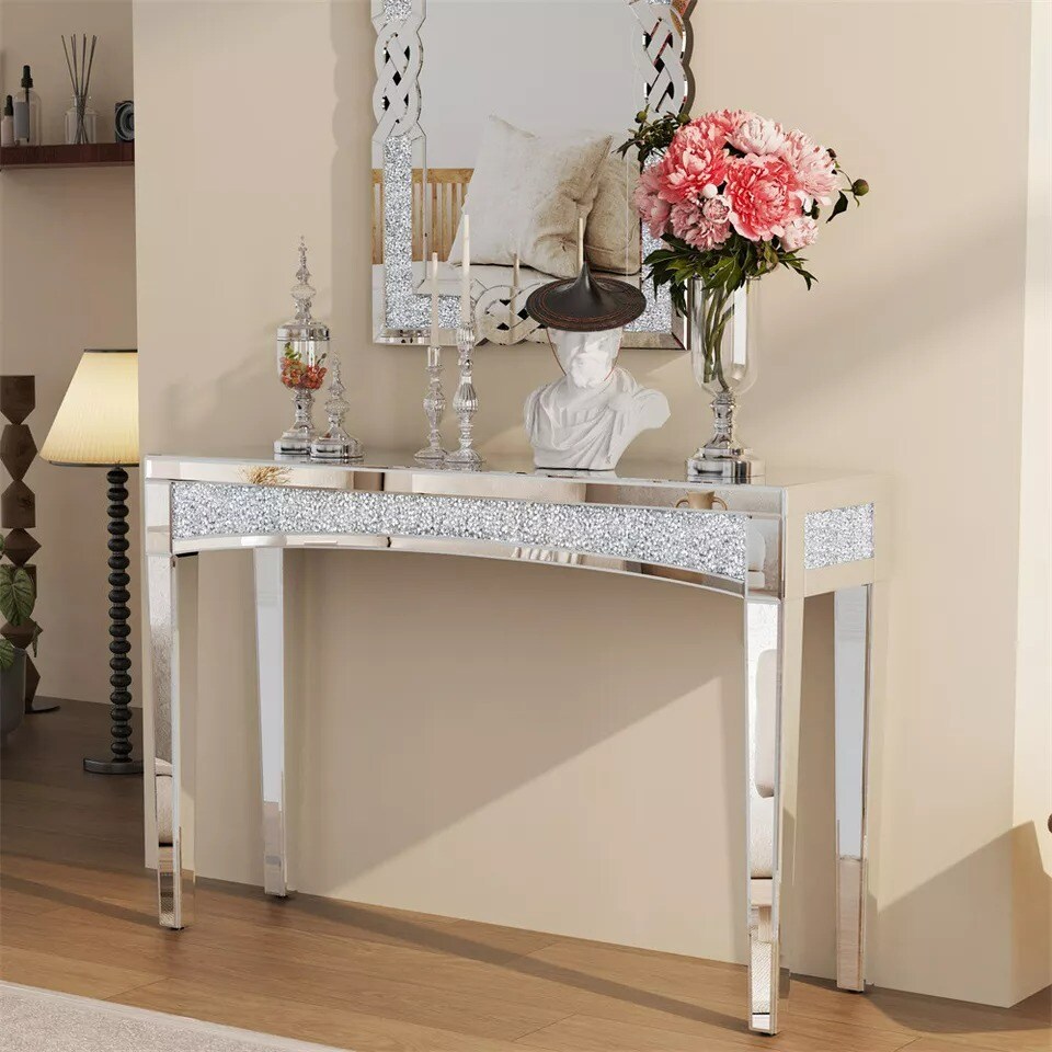 Heavy Duty Mirrored Console Table Diamond Vanity Dresser Desk Silver Glass Shelf