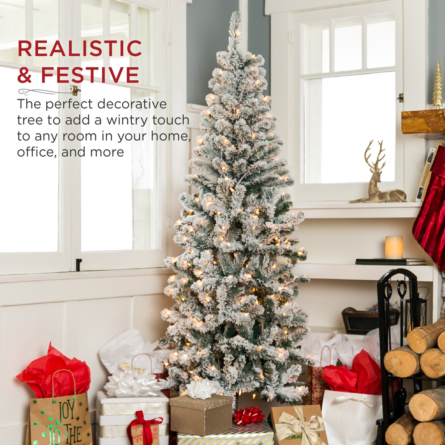 Best Choice Products Pre-Lit Artificial Snow Flocked Pencil Christmas Tree Holiday Decoration