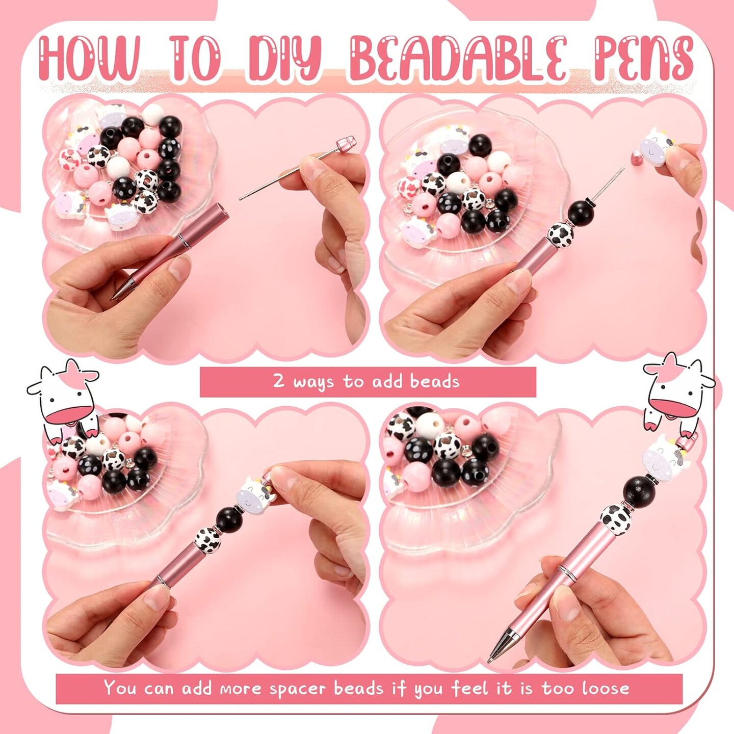 12 Set Beadable Pens DIY Kit - Assorted Beads, Black Ink, Cow Print Design