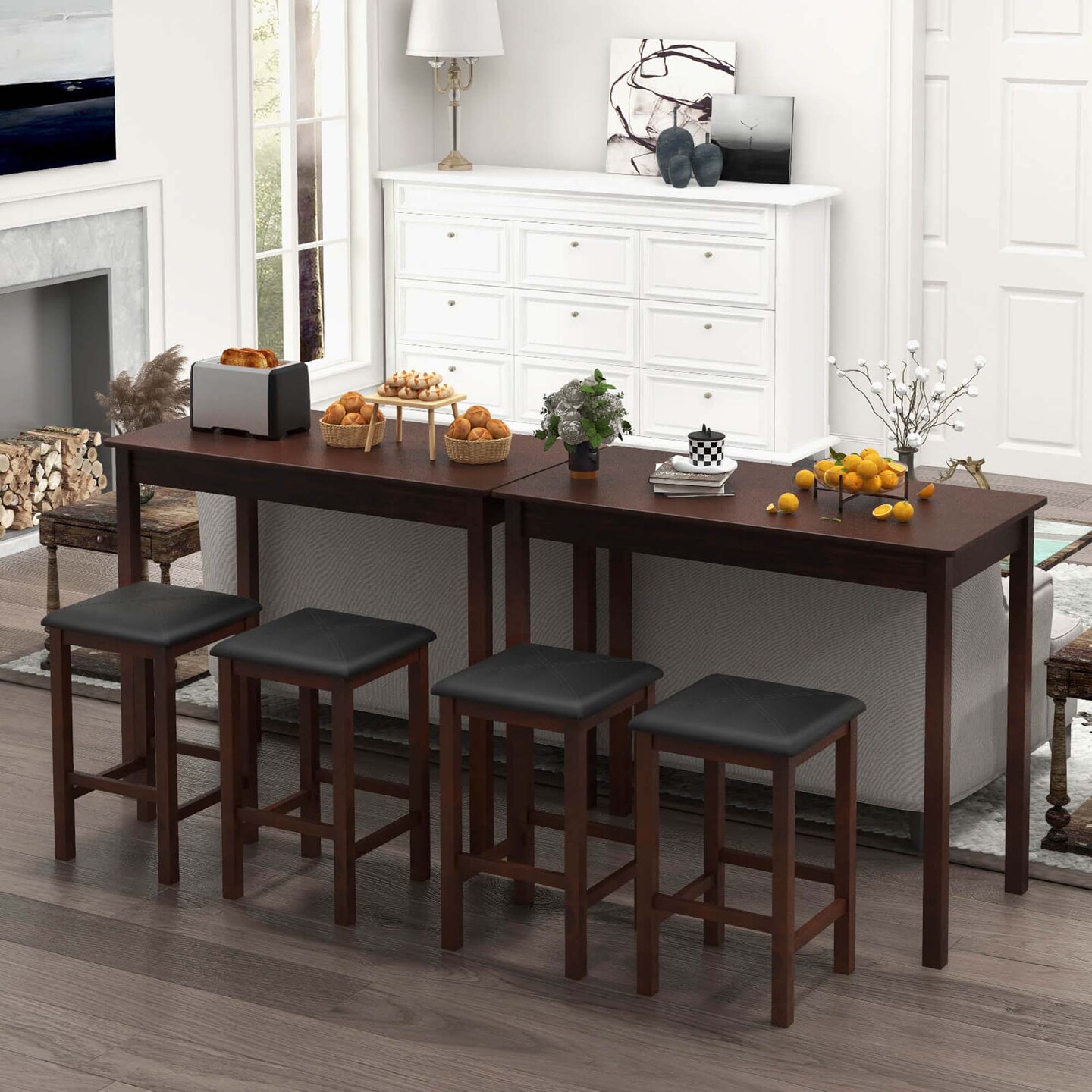 Costway 3 PCS Bar Table Set Dining Table &#x26; 2 PVC Leather Upholstered Bar Stools Rustic Brown/White