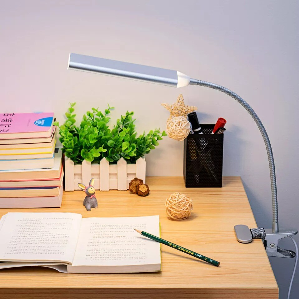 USB Clip-On Led Desk Lamp Dimmable Metal Gooseneck Adjustable Brightness Light