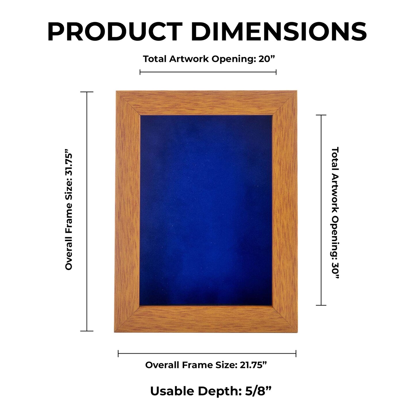 Warm Honey Brown Wood Shadow Box Frame with Acrylic Front - Royal Blue Suede Backing, 30 Sizes