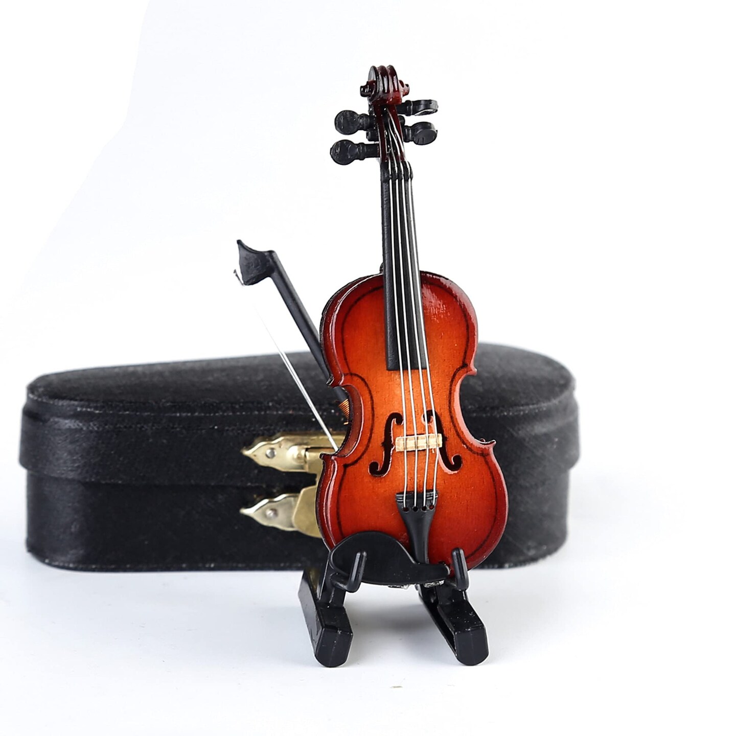 Wooden Miniature Violin with Stand,Bow and Case Mini Musical Instrument Miniature Dollhouse Model Home Decoration (3.15&#x22;x1.18&#x22;x0.59&#x22;)