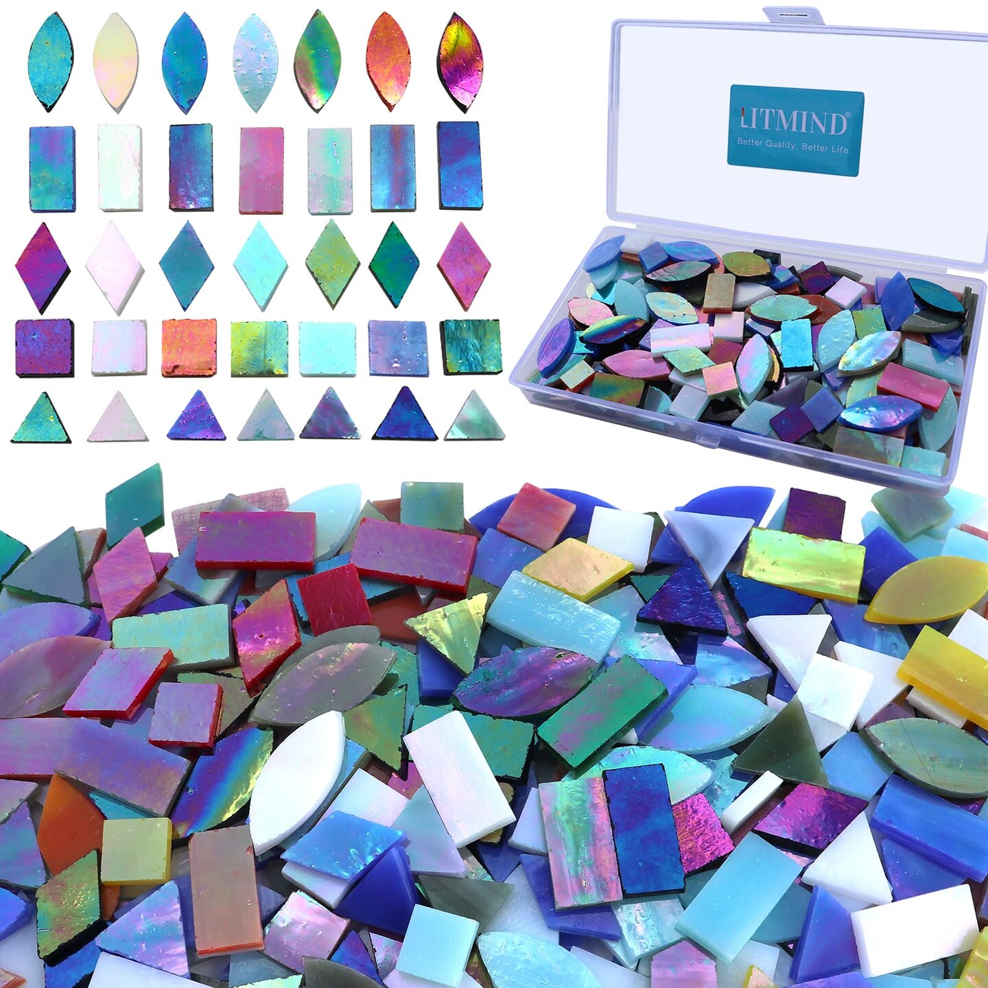 LITMIND Iridescent Glass Mosaic Tiles for Crafts, 240 Pieces 5 Shapes ...