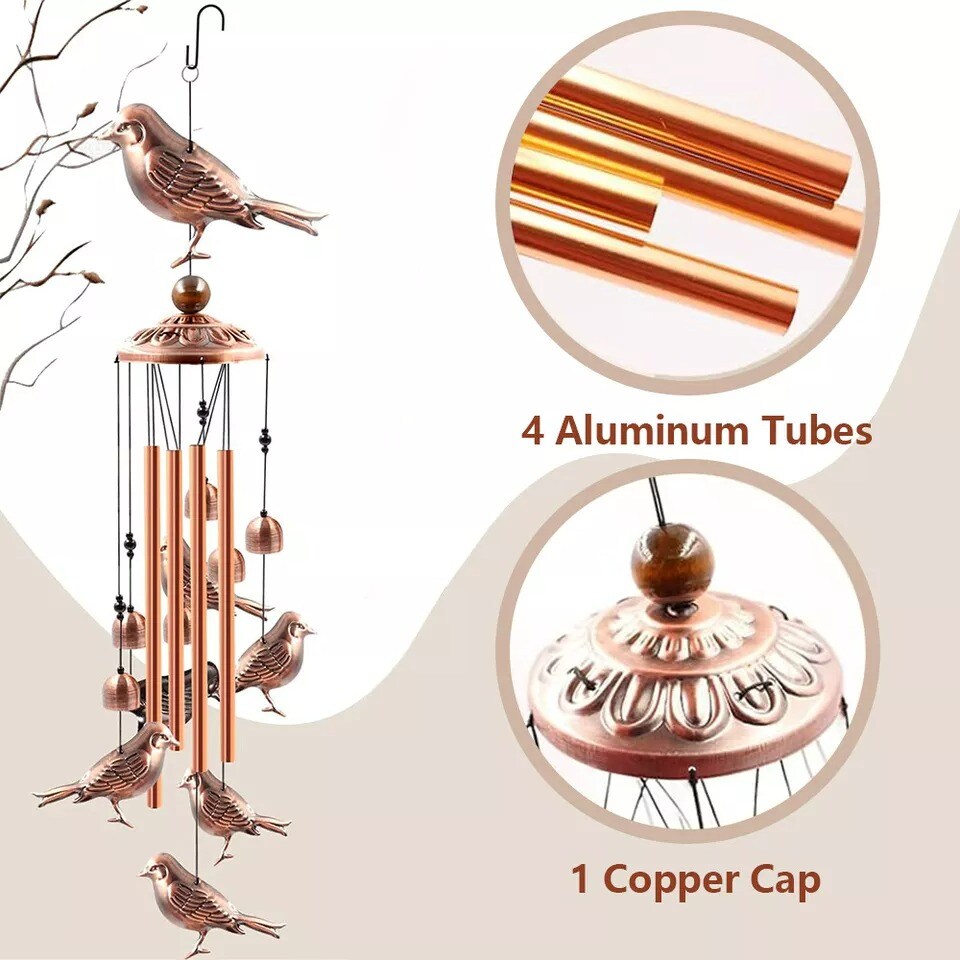 33&#x22;Large Bird Metal Wind Chimes Outdoor Garden 4Tubes Bells Home Yard Decor Gift