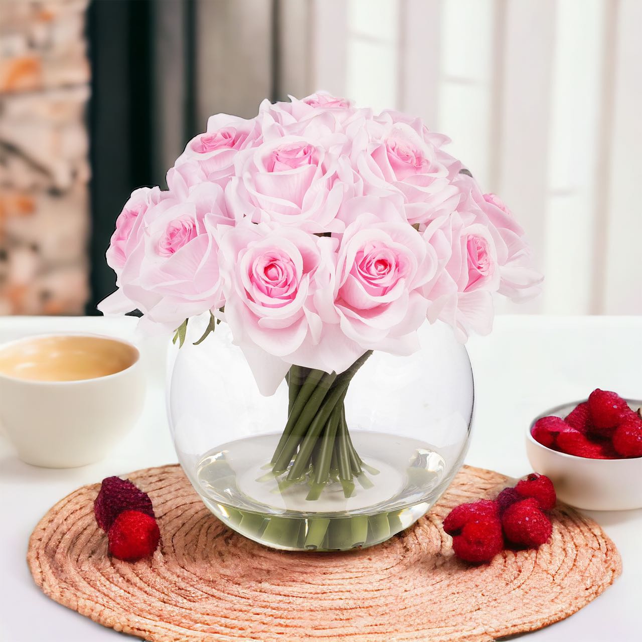 16 Heads Silk Rose Artificial Flowers in Vase,Faux Rose Flowers