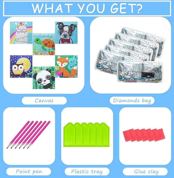 6 Pack 5D Diamond Painting Kits for Kids Beginners with Full Drill Cute Animals Diamond Art Kits, DIY Large Gem Art for Children Ages 6-7-8-9-12, Home Wall Decor 6x6 Inch
