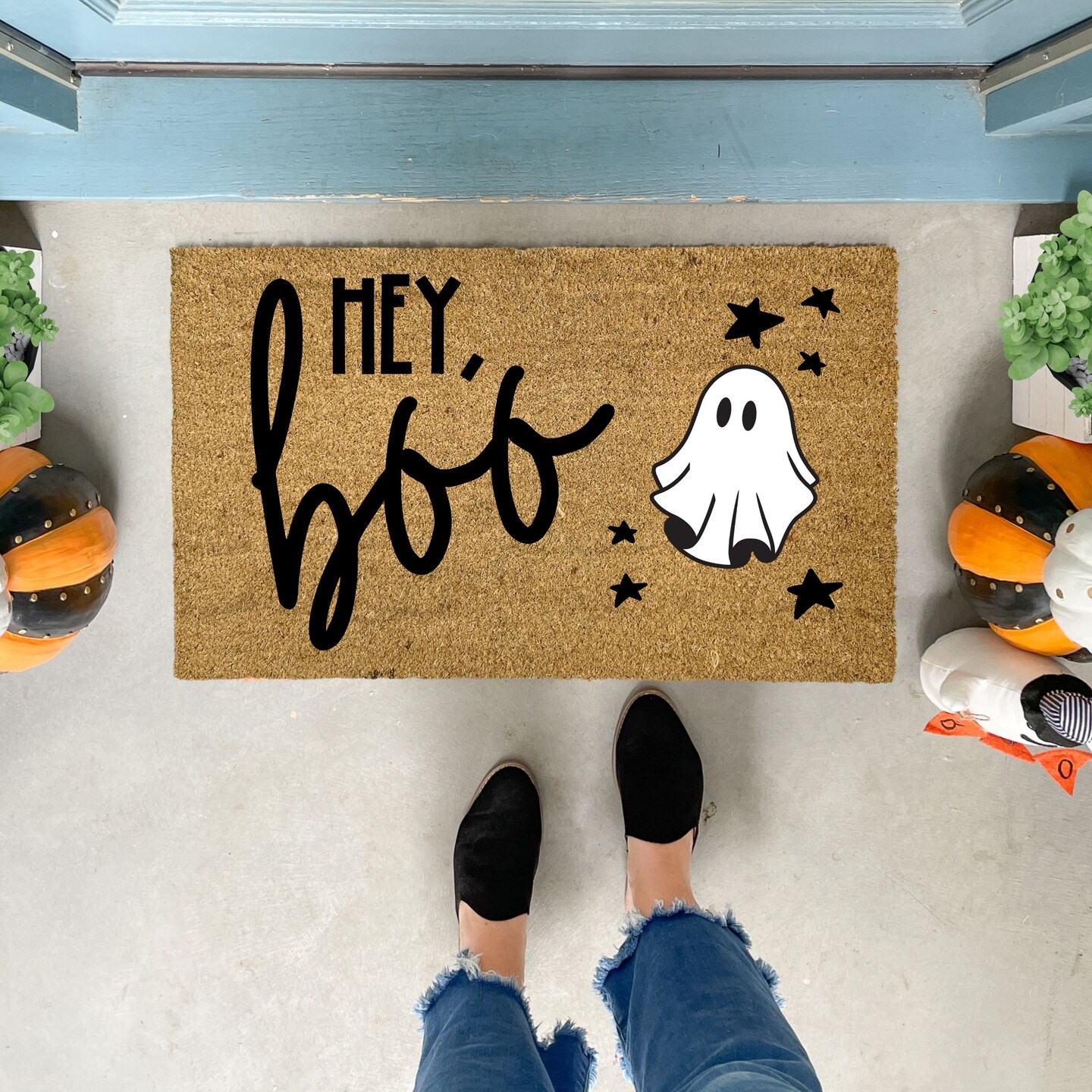 Hey Boo Doormat Halloween, Ghost Doormat Large, Outdoor Halloween Decor, Halloween Decor for porch, Cute Doormat Coir, Ghost Welcome Mat