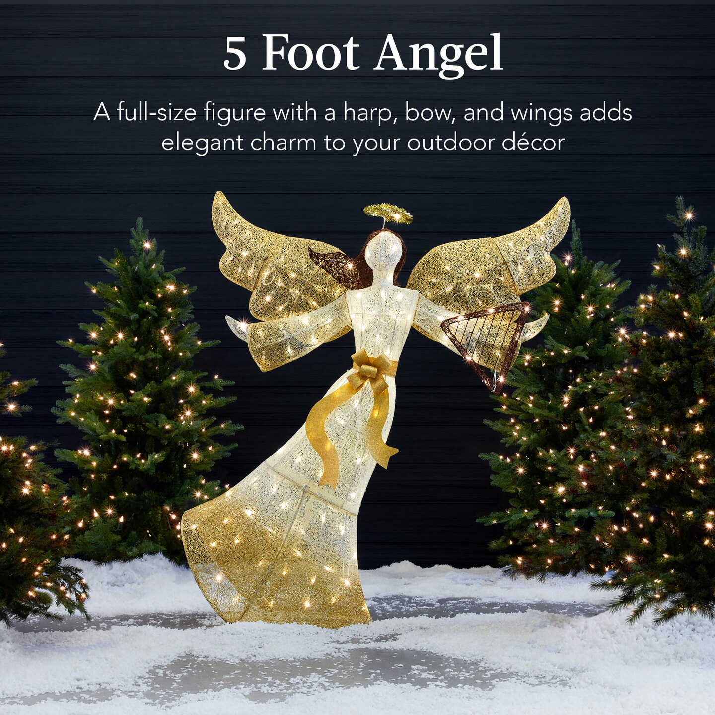 Best Choice Products 5ft Lighted Outdoor Angel Christmas Decoration for Lawn w/ 140 LED Lights, Harp, Bow, Ground Stakes