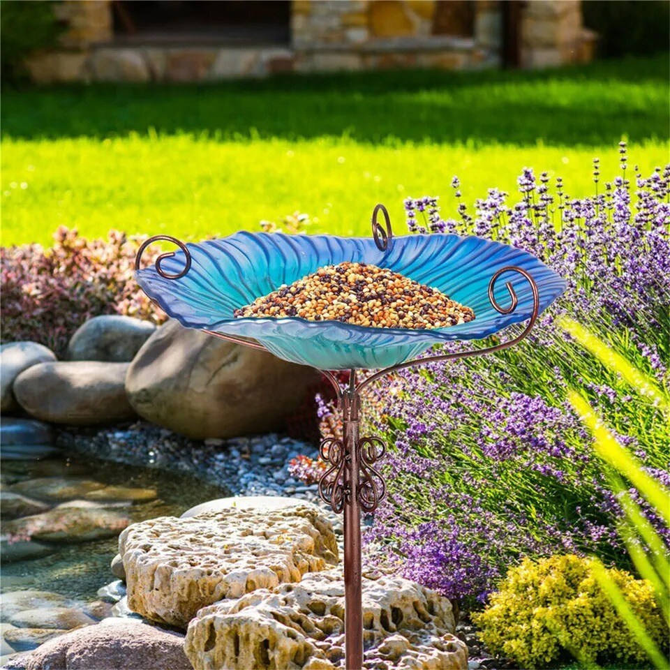 Bird Bath Outdoor Garden Glass Birdbath Fountain Freestanding Bowl Birdfeeder