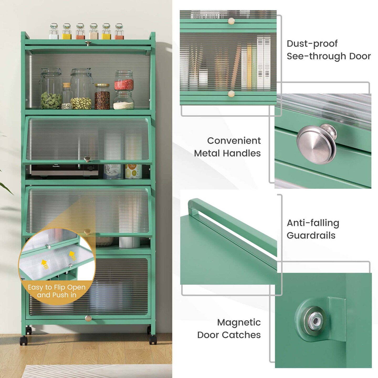 Costway 5-Tier Kitchen Baker&#x27;s Rack Storage Cabinet Mobile Microwave Stand Flip-up Doors White/Black/Grey/Green