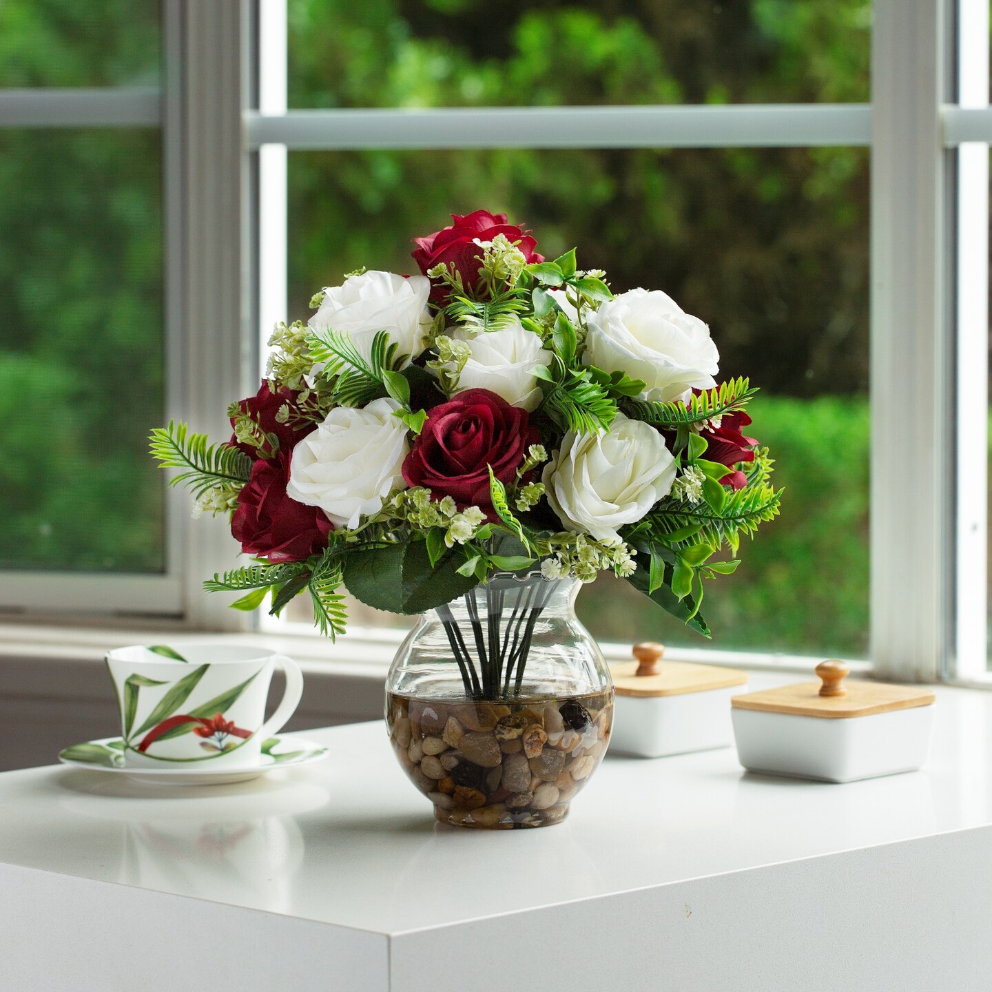18 Heads Silk Rose Artificial Flowers in Vase,Faux Rose Flowers Arrangement in Round Bowl Vase with Faux Water and River Rock for Table Deco product 7