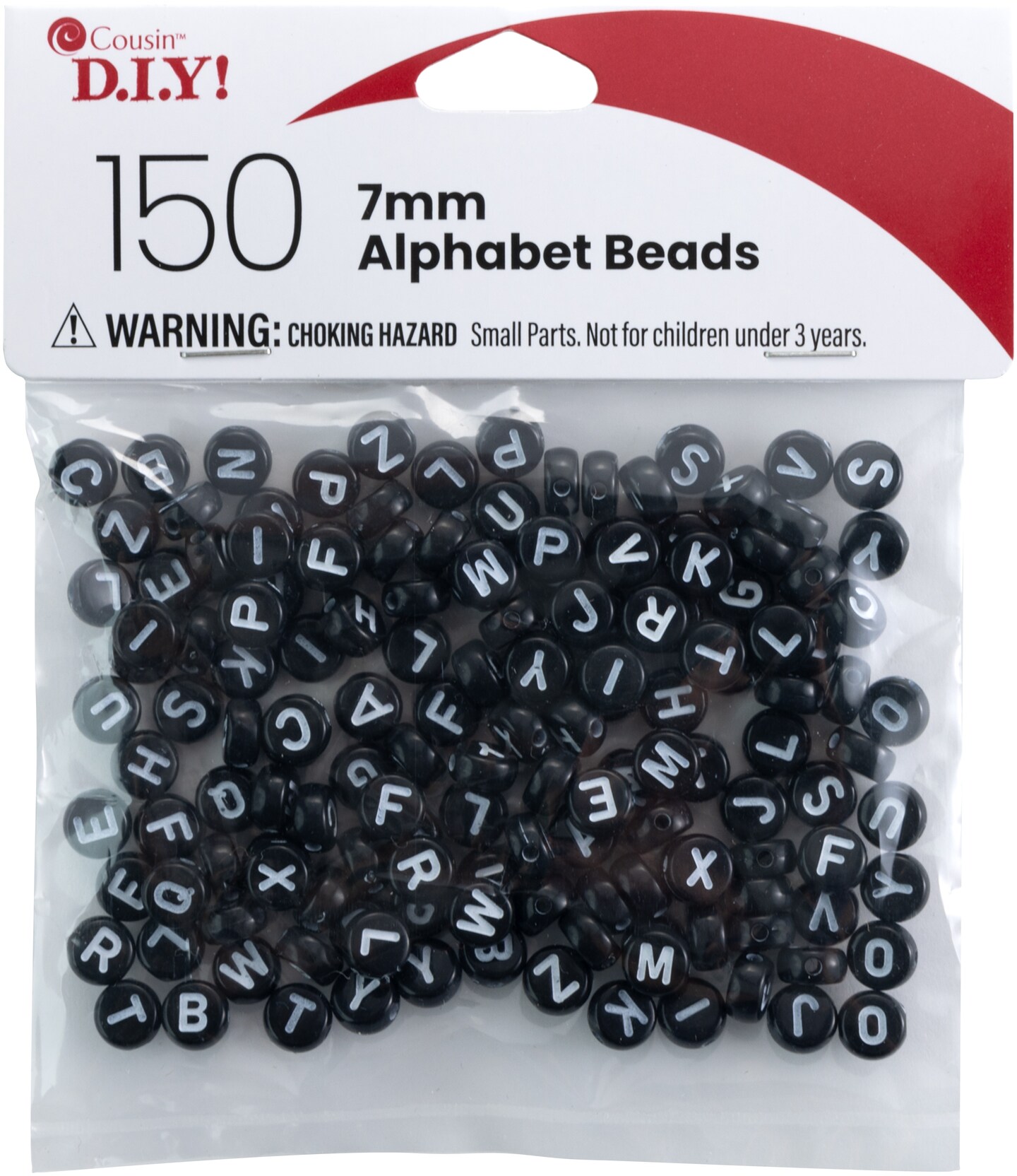 CousinDIY Alphabet Beads 7mm 150/Pkg-Black Round With White Letters