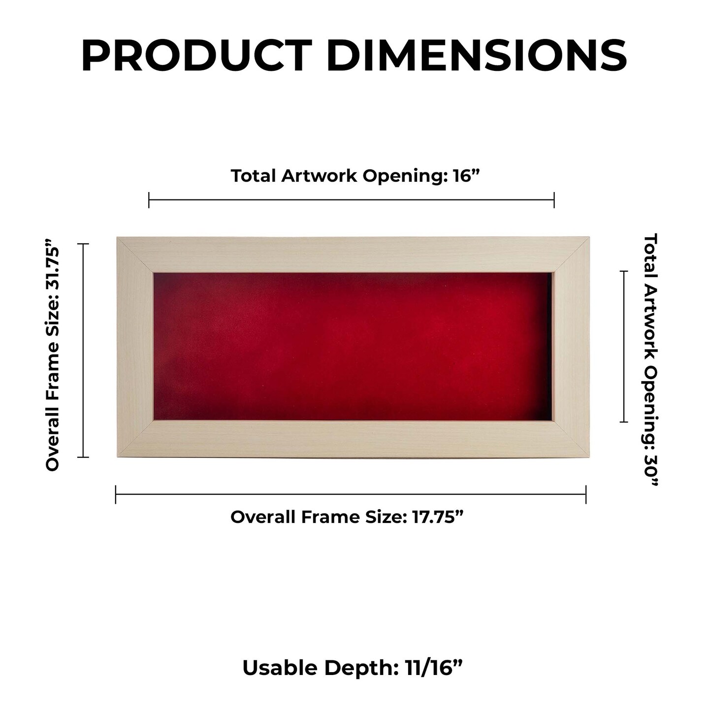 Natural Whitewash Wood Shadow Box Frame with Acrylic Front - Red Suede Backing, 30 Sizes