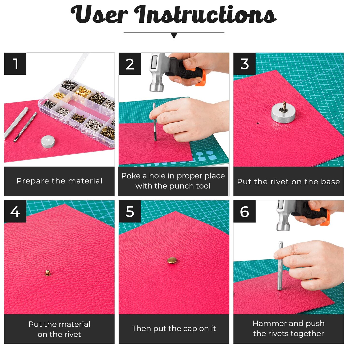 420 Set Leather Rivets Kit, Double Cap Brass Rivets Leather Studs with 3PCS Setting Tools for Leather Repair and Crafts, 4 Colors and 3 Sizes