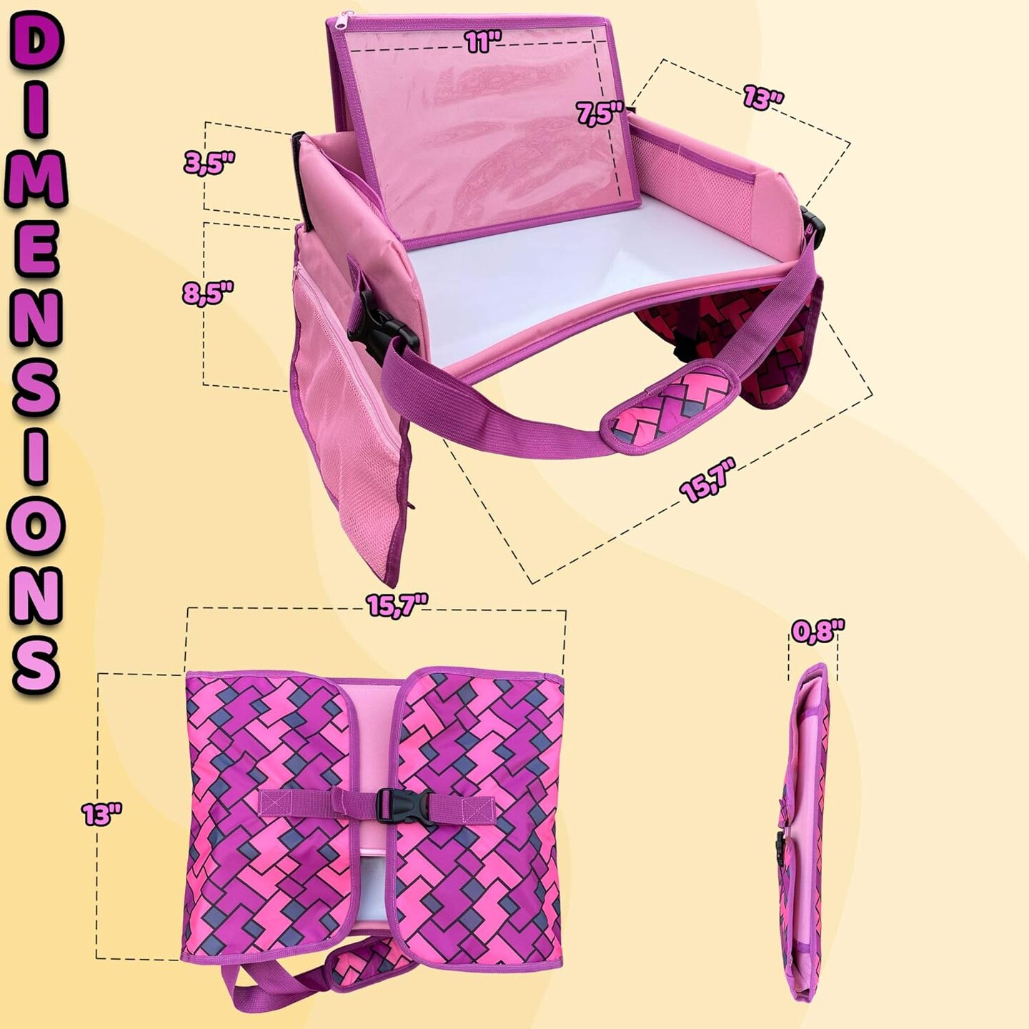 Travel Tray, Toddler Car Seat, Lap Desk and Dry Erase Board, Activity Organizer with Markers, Food and Snack Table, Tablet and Cup Holder, Road Trip Essential, Portable Desk for Kids.