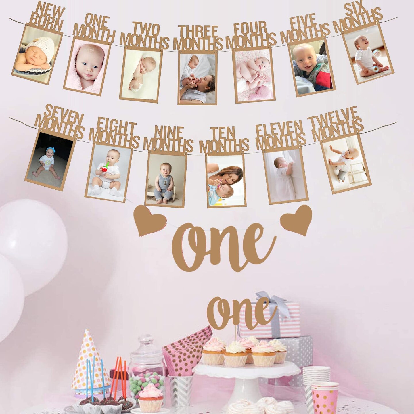 1st Birthday Baby Photo Banner for Newborn to 12 Months And Alphabet ONE Bunting, Alphabet ONE Cake Topper for Baby Show First Birthday Party Decoration