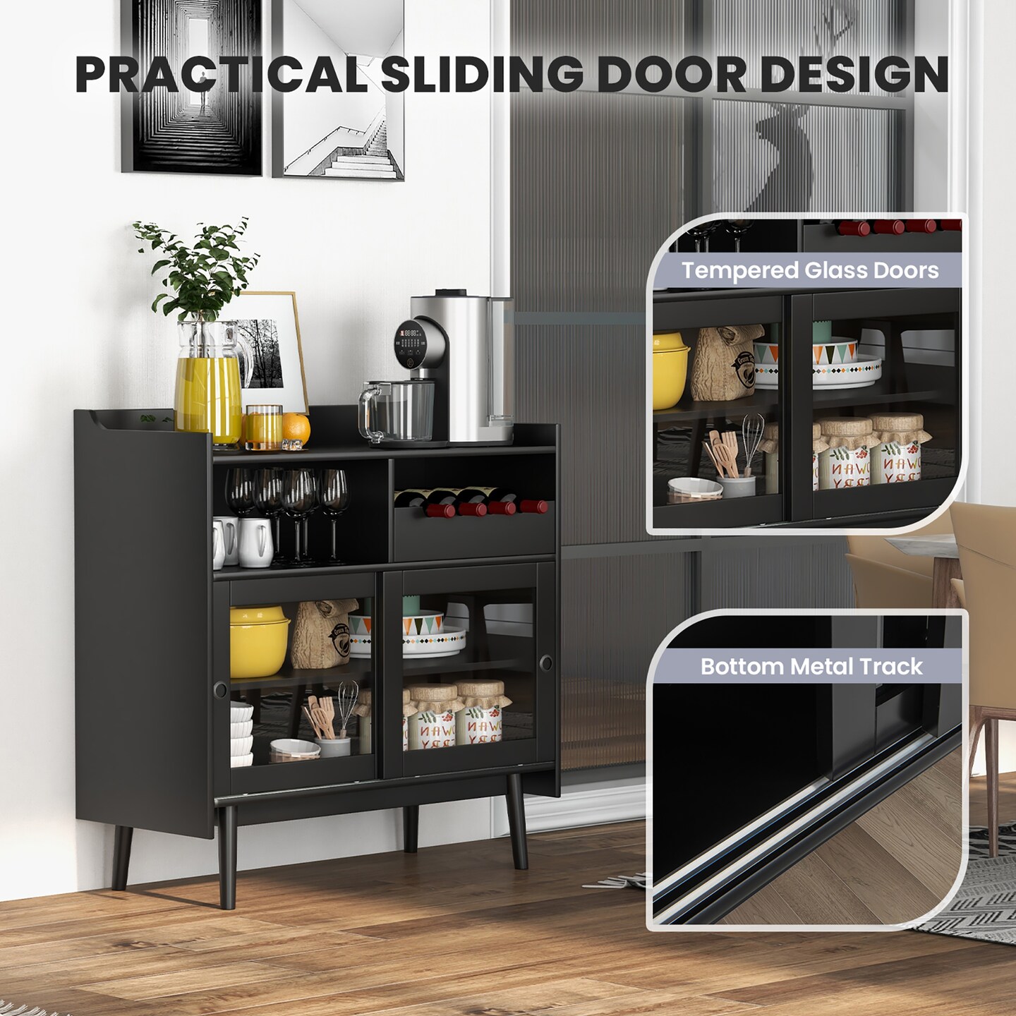 Costway Kitchen Buffet Sideboard Organizer Liquor Bar Cabinet with Wine Rack & Sliding Door