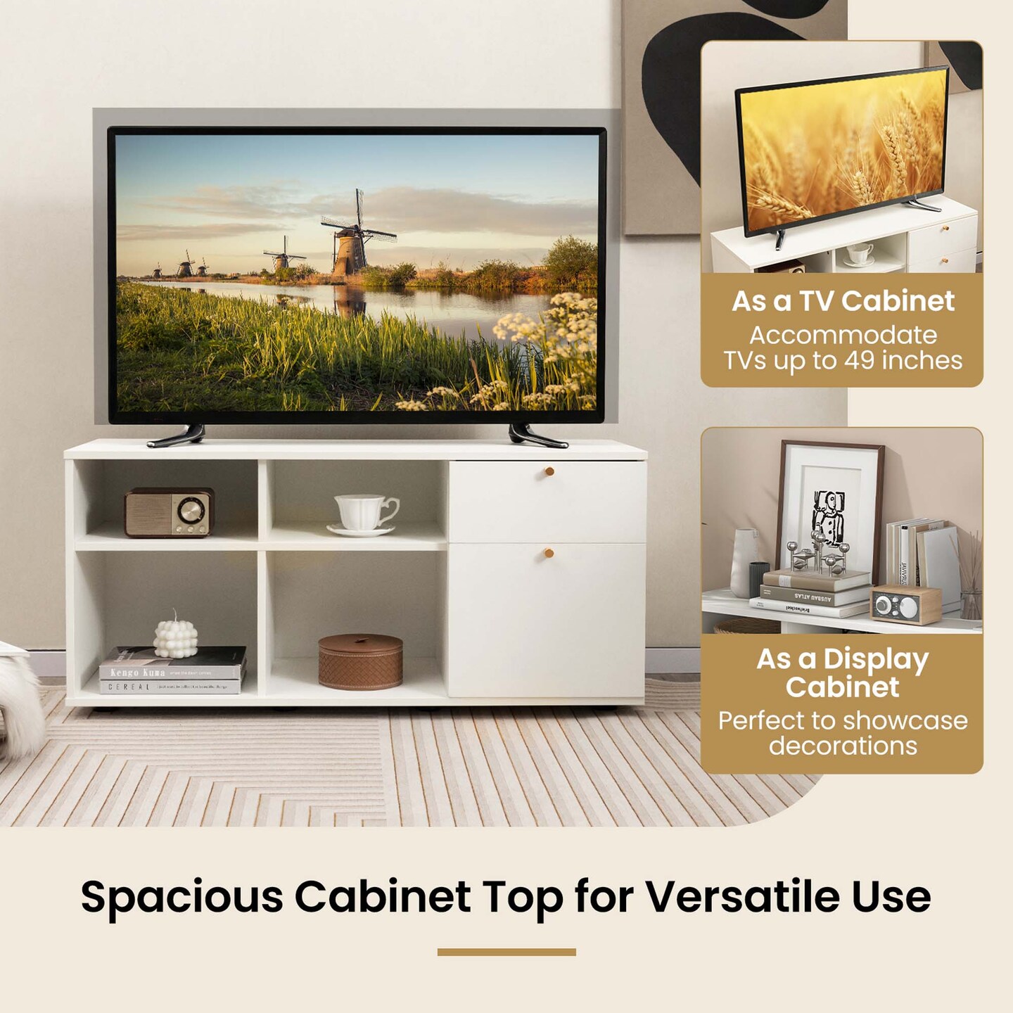 Costway Storage Cabinet with 2 Drawers 4 Cubes Adjustable Feet Floor Display Cabinet White