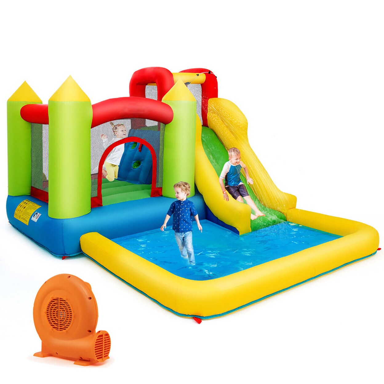 Inflatable Bounce House Water Slide Bouncer Pool W/ Climbing Wall And 550W Blower