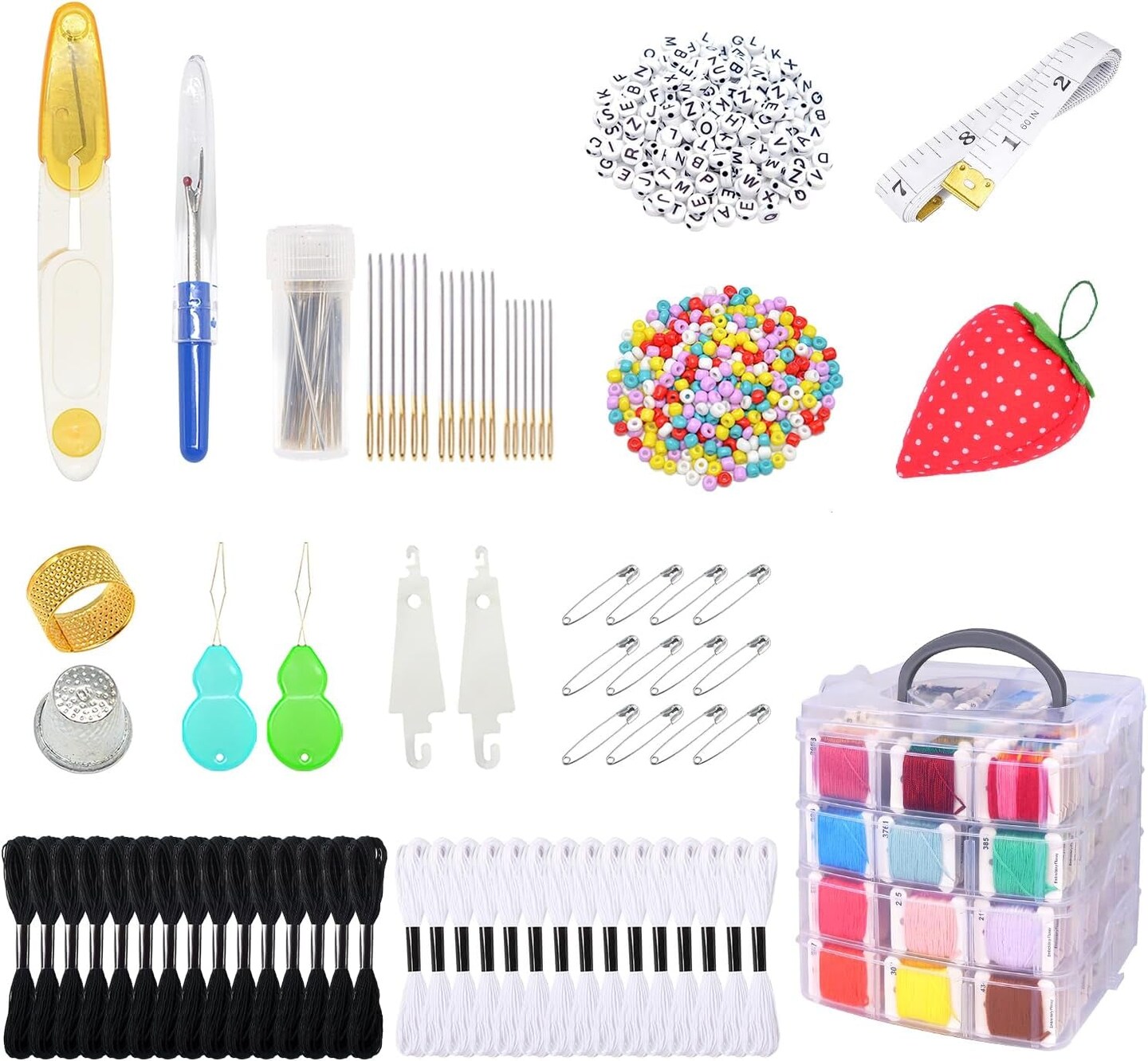 Embroidery Thread Kit Including 200 Skeins Embroidery Floss 30 Skeins White &#x26; Black Embroidery Thread Cross Stitch Tool for Friendship Bracelets Arts DIY Crafts with 4-Tier Transparent Box