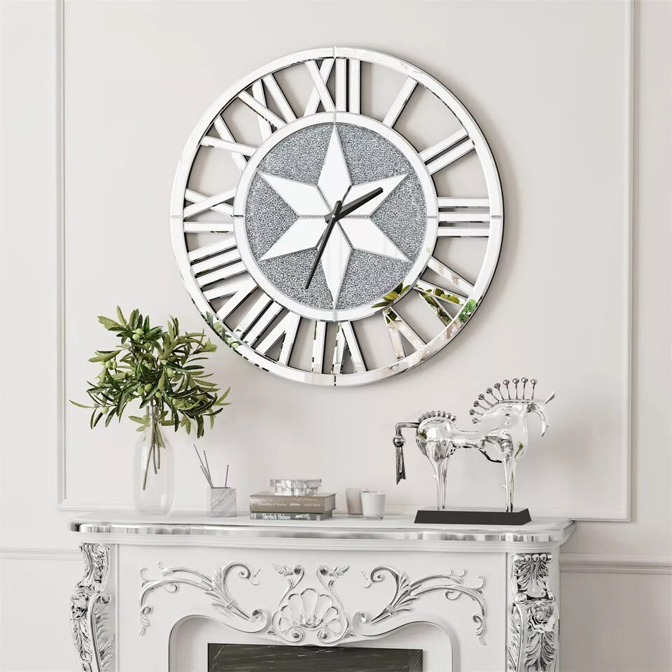 24'' Large Wall Clock Crystal Sparkle Twinkle Bling Crush Diamond Mirrored Clock
