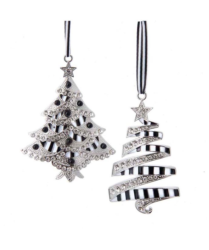 4&#x22;Black and White Tree With Stones Ornaments, 2 Assorted