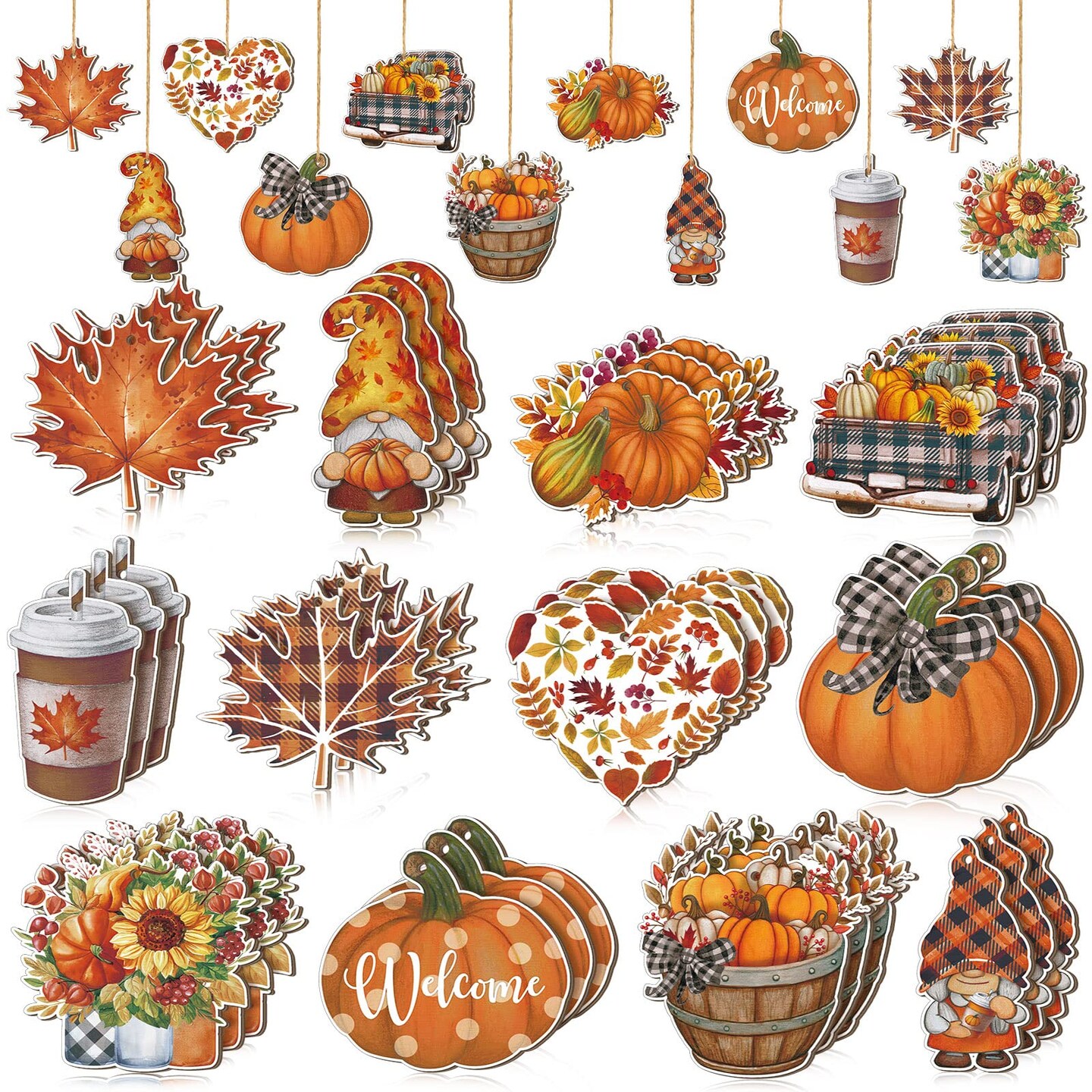 36 Pieces Fall Tree Decorations Thanksgiving Gnomes Ornaments for Tree Wooden Hanging Ornaments Pumpkins Leaves Flowers Cutouts Autumn Decorations for Holiday Party Supply(Cute Style)