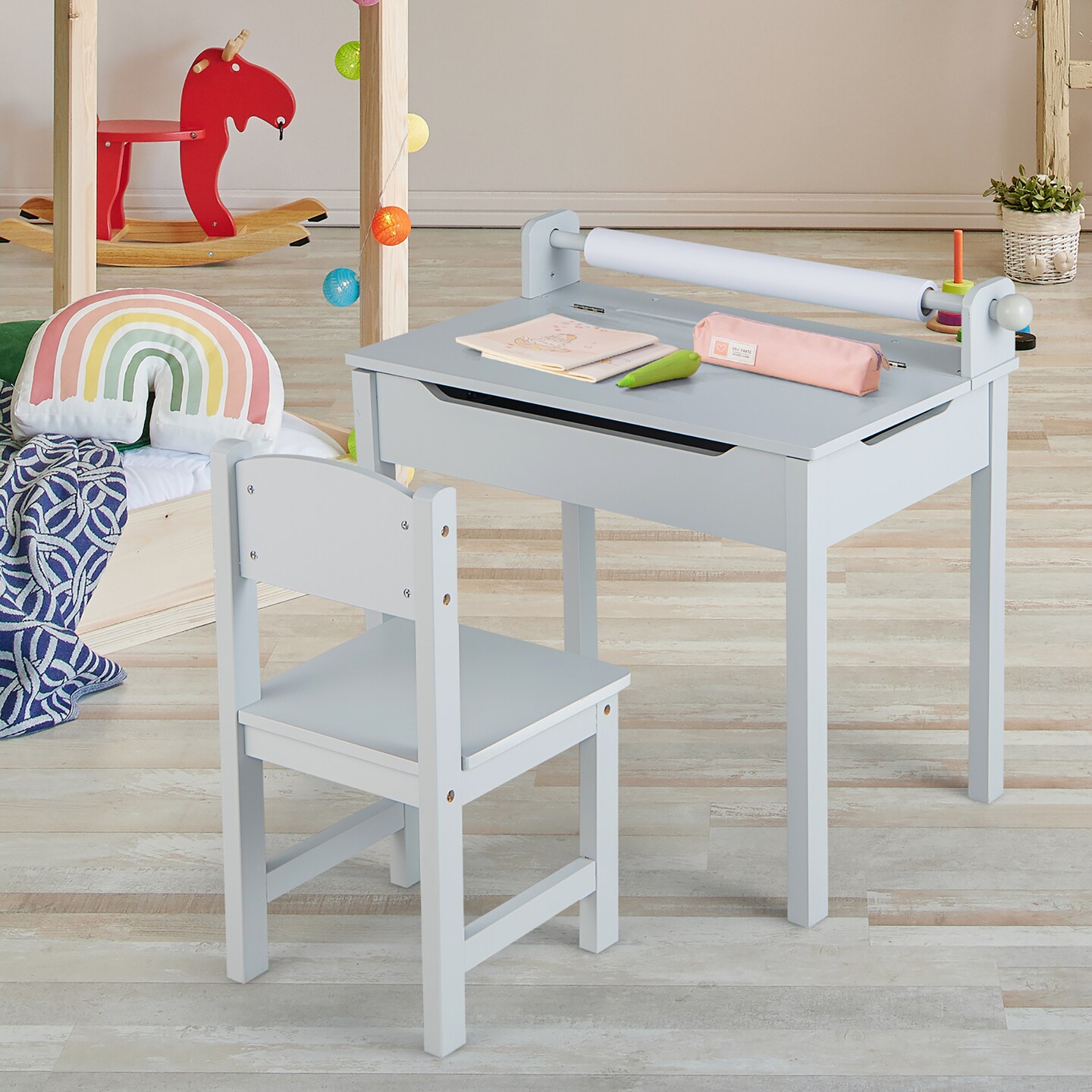 Costway Toddler Craft Table &#x26; Chair Set Kids Art Crafts Table withPaper Roll Holder Grey/White
