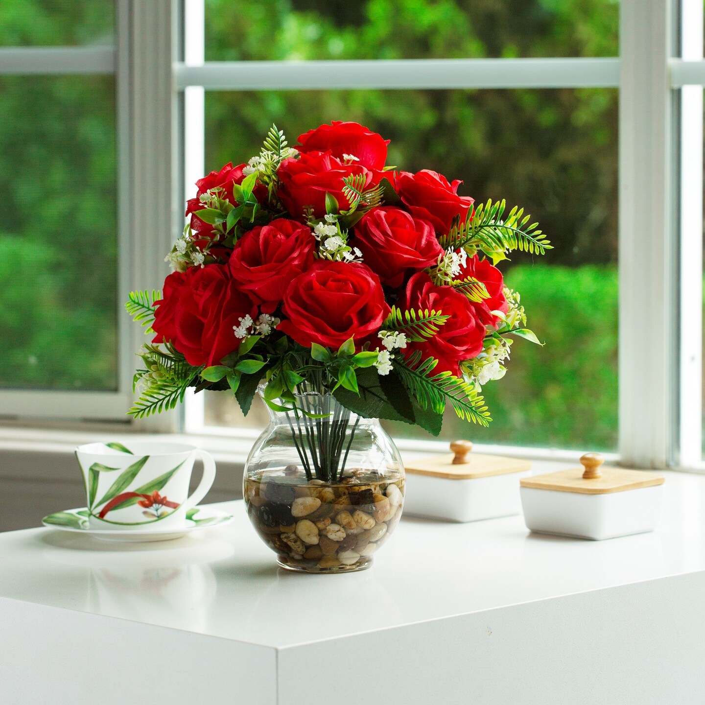 18 Heads Silk Rose Artificial Flowers in Vase,Faux Rose Flowers Arrangement in Round Bowl Vase with Faux Water and River Rock for Table Deco product 3
