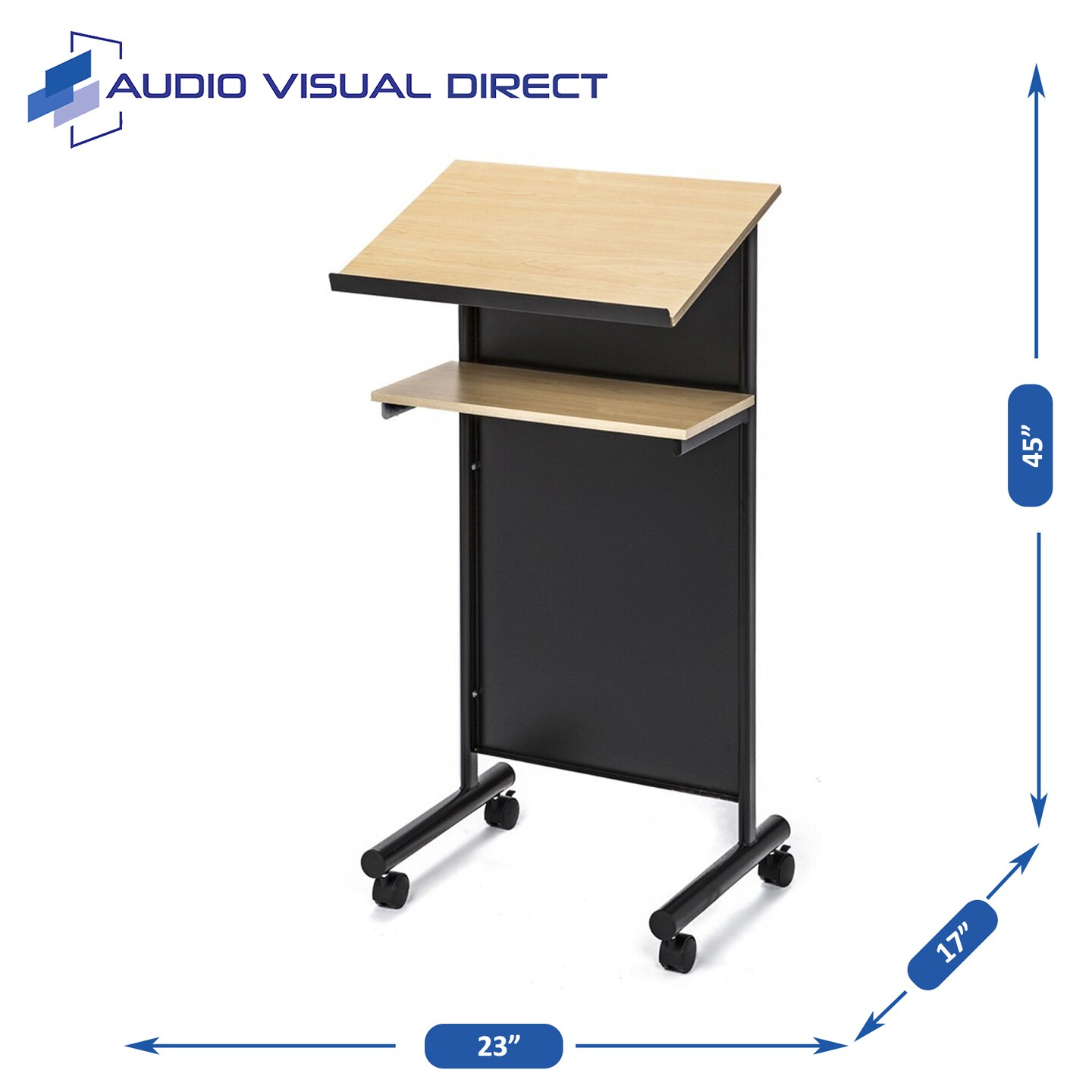 Audio-Visual Direct Wheeled Lectern Podium - Standing Desk with Storage Shelf