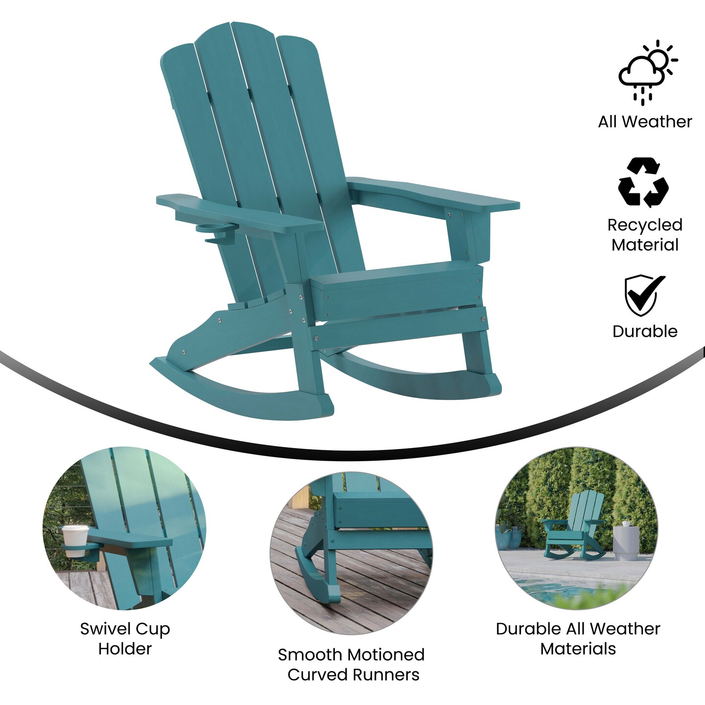 Merrick Lane Nassau Adirondack Rocking Chair with Cup Holder, All-Weather HDPE Indoor/Outdoor Chair