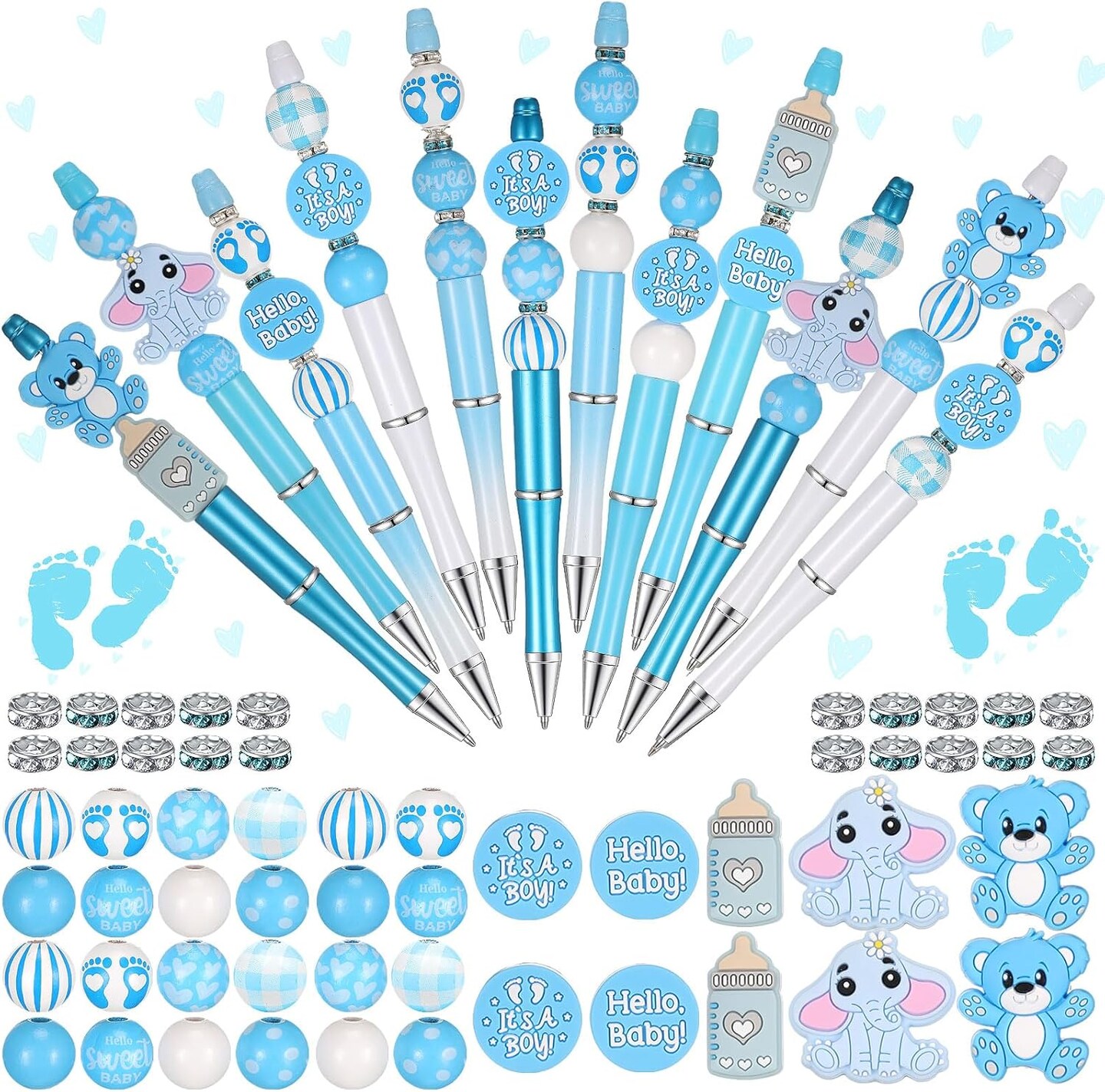 12 Set Beadable Pens DIY Kit - Assorted Beads, Black Ink, Baby Boy Design