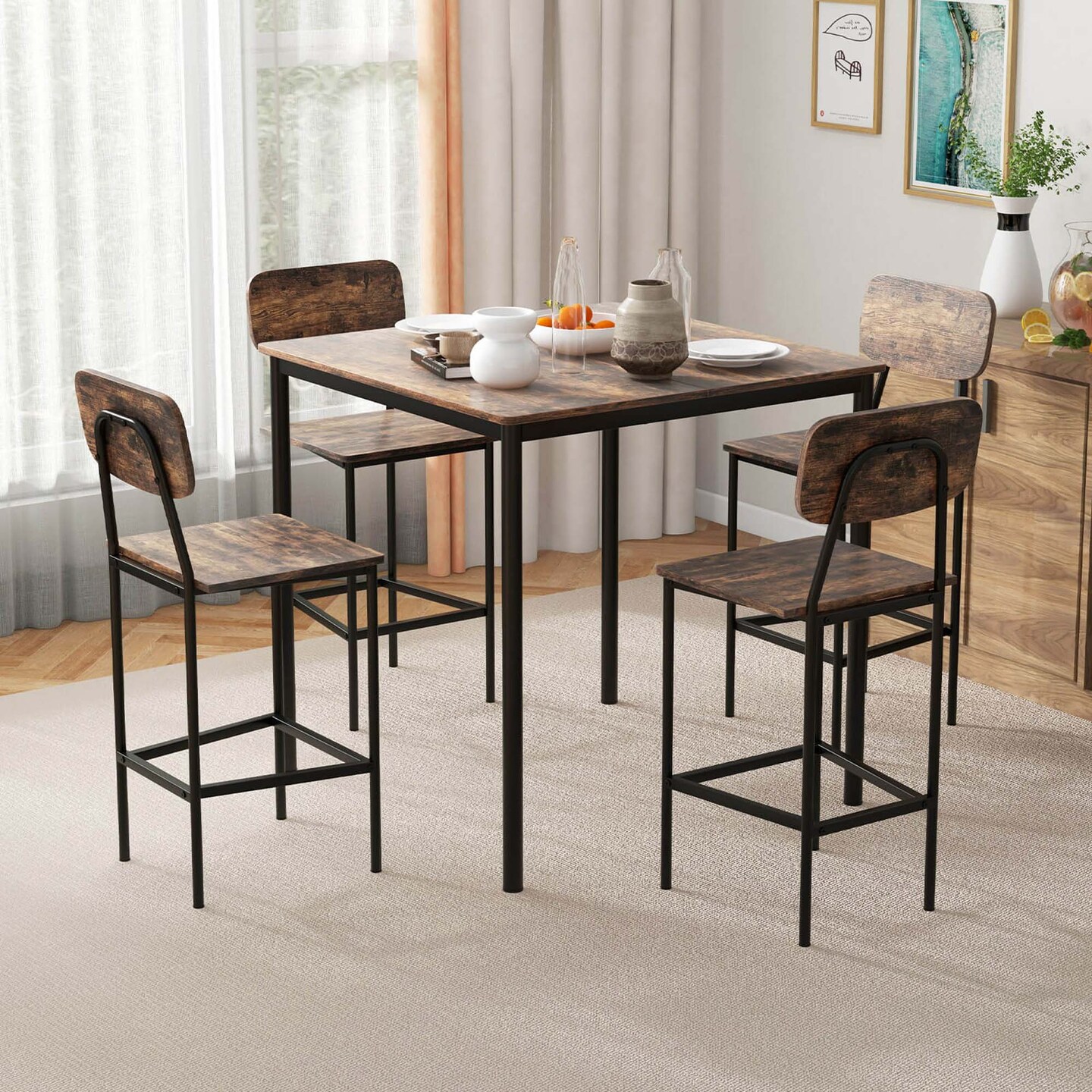 Costway 5-Piece Industrial Dining Table Set with Counter Height Table & 4 Bar Stools Black/Grey/Walnut