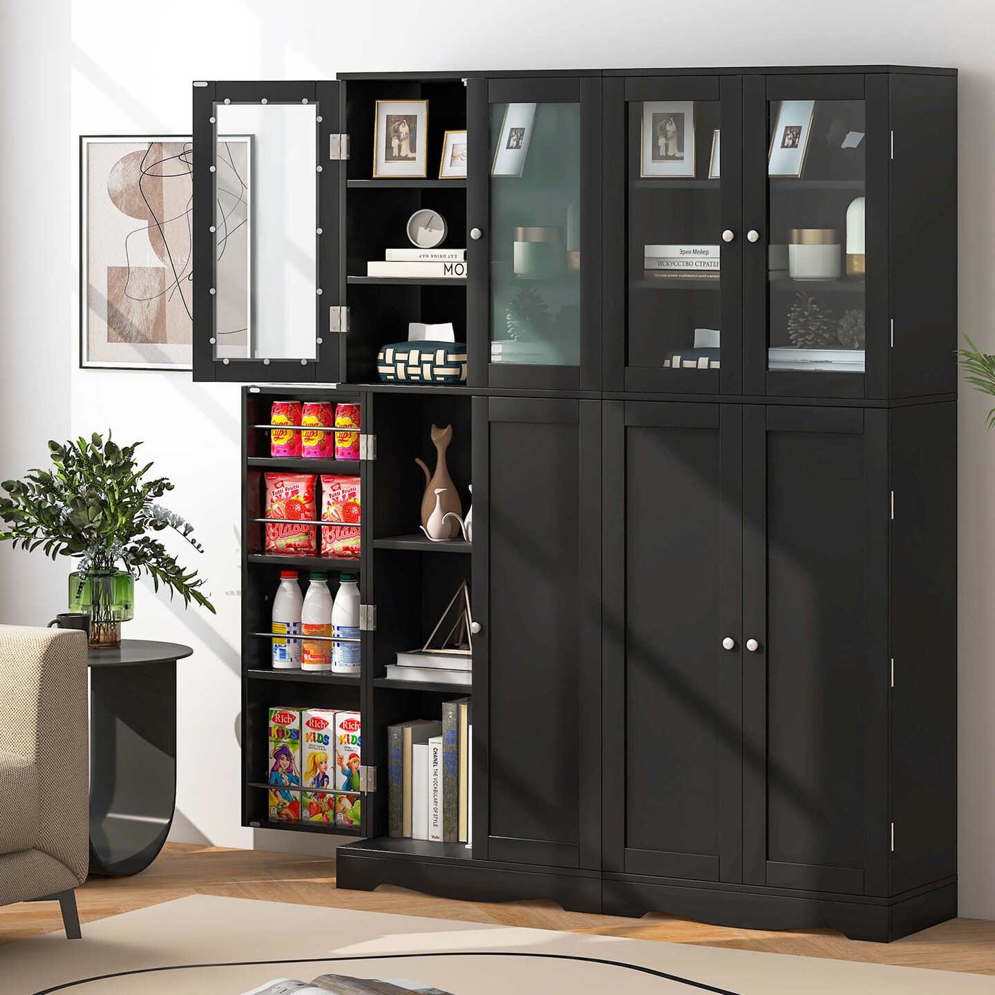 Costway 63.5&#x22; Tall Kitchen Pantry Storage Cabinet with Glass Door Storage Shelves Black/White