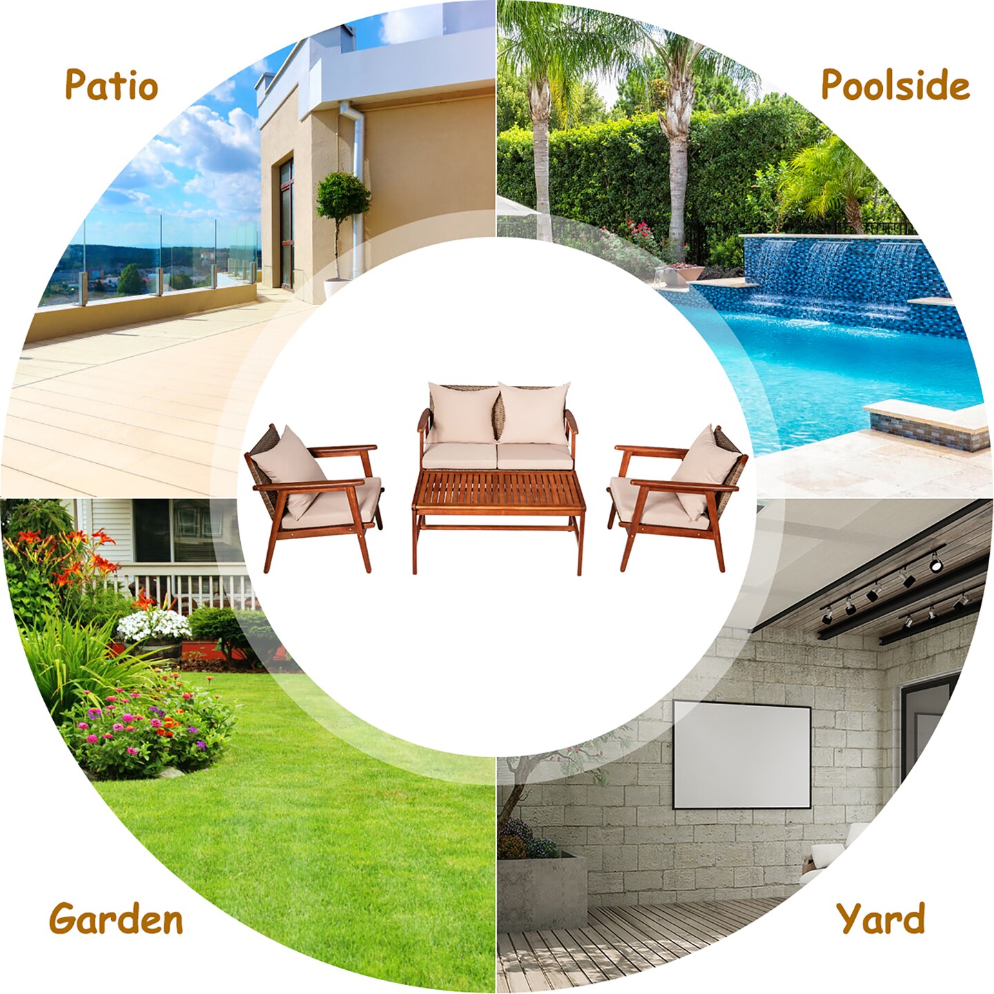 Costway 8PCS Patio Rattan Furniture Set Acacia Wood Frame Cushioned Sofa Chair Garden