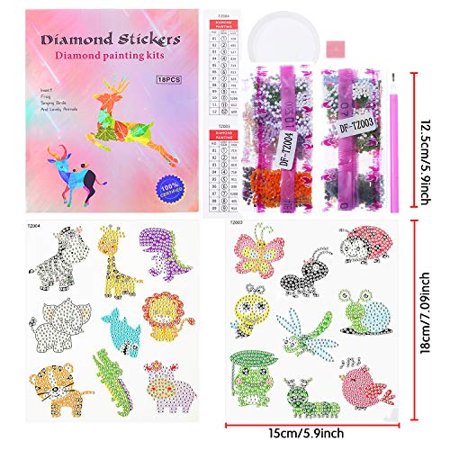 5D Diamond Painting Stickers Kits for Kids Arts and Crafts, Cartoon Stickers Stick Paint with Diamonds by Numbers, 18Pcs Cute Insect, Animals, Easy to DIY