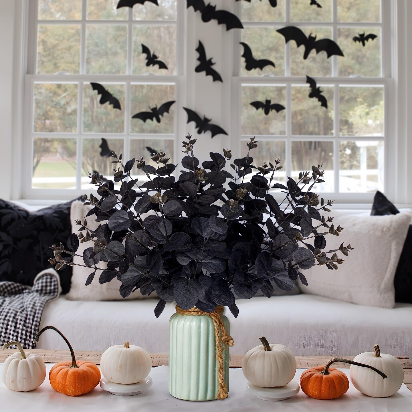 14PCS Black Halloween Decor Artificial Flowers Bulk - Eucalyptus Stems Branches Decorations for Table Indoor Centerpieces